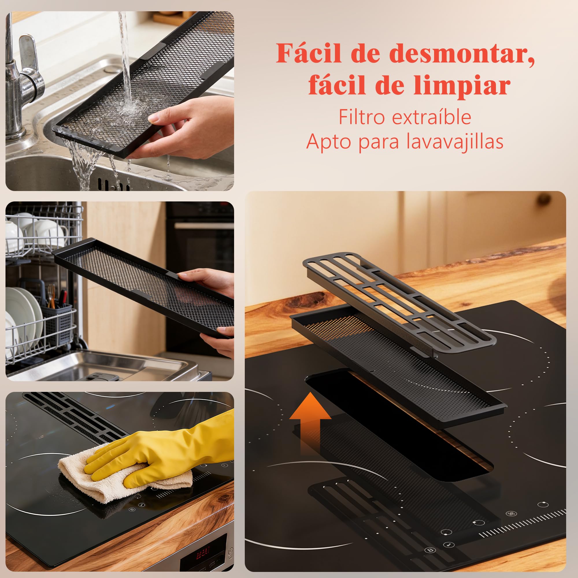 Hobsir Placa de Inducción con Extractor Integrado 60 cm, 4 Zonas, 6400W | 9 Niveles de Potencia, Bloqueo Infantil, Función Boost, Recirculación con Filtro Carbón– Sin Manguera de Salida de Aire