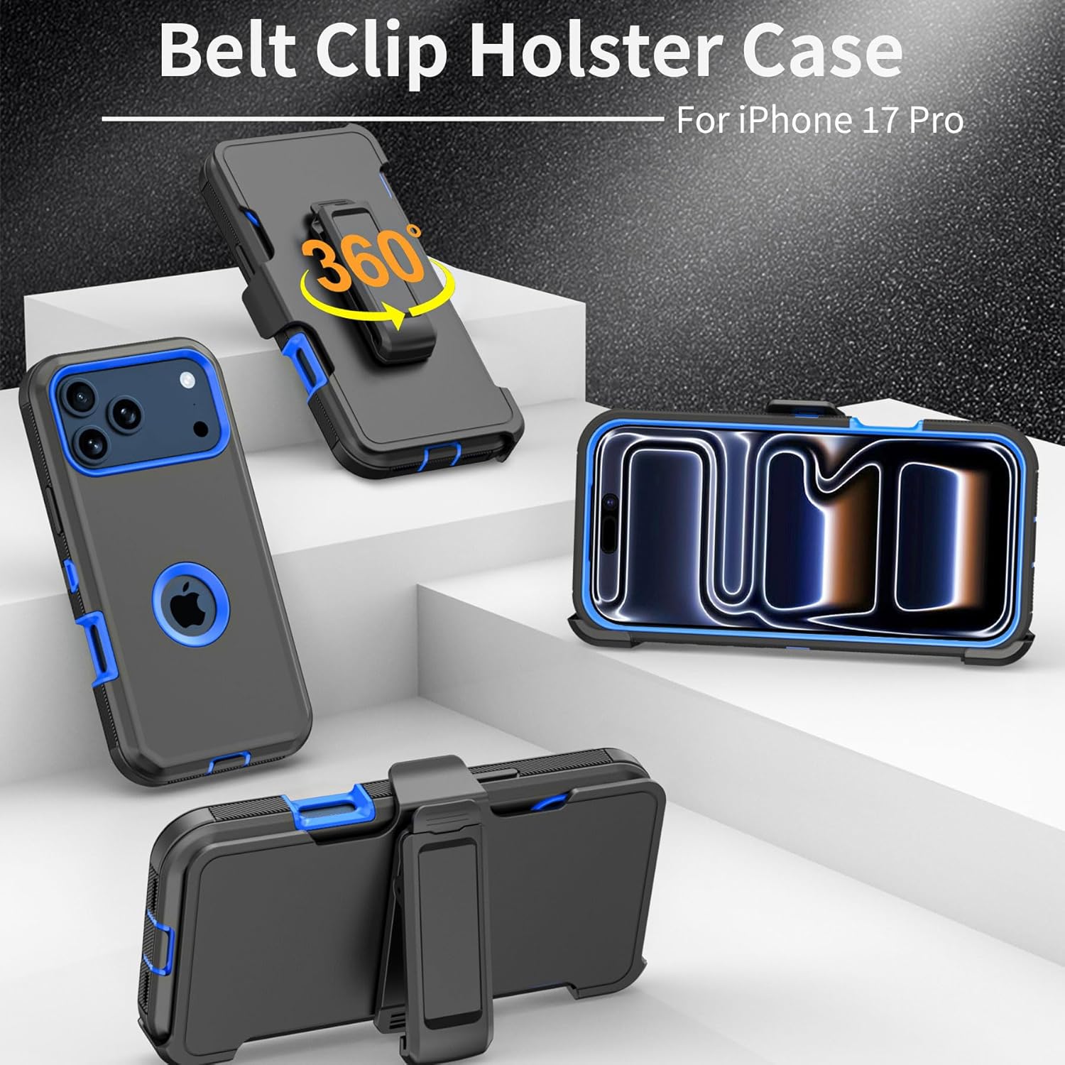 Compatible with iPhone 17 pro Case, with Belt Clip Holster Heavy Duty Rugged Shockproof Full Body Protection Kickstand Cover for iPhone 17 pro Phone（Black+Blue） - Image 2
