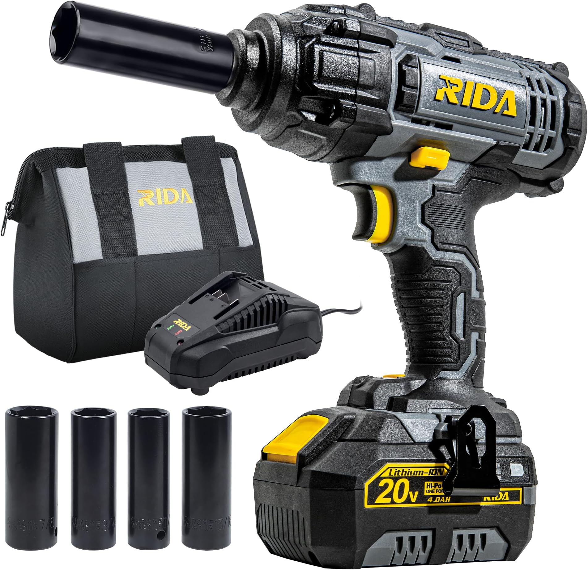 RIDA POWER Cordless Impact Wrench, 1/2 Impact Gun w/ 5 Torque Options Max 300 Ft-lbs (400N.m), Power w/ 4.0Ah Li-ion Battery & 1 Hour Fast Charger, 4 Pcs Impact Sockets and Tool Bag
