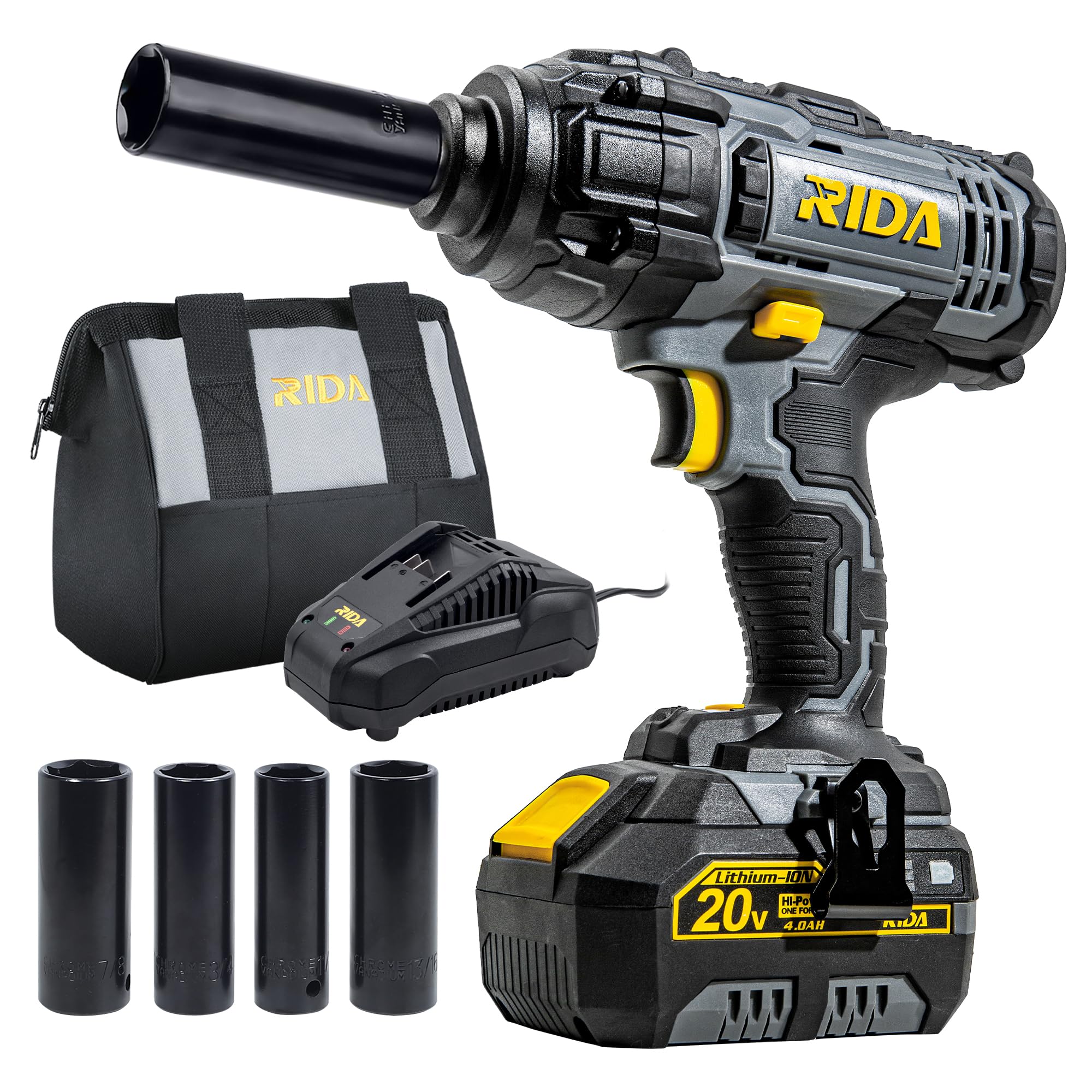 RIDA POWER Cordless Impact Wrench, 1/2 Impact Gun w/ 5 Torque Options Max 300 Ft-lbs (400N.m), Power w/ 4.0Ah Li-ion Battery & 1 Hour Fast Charger, 4 Pcs Impact Sockets and Tool Bag