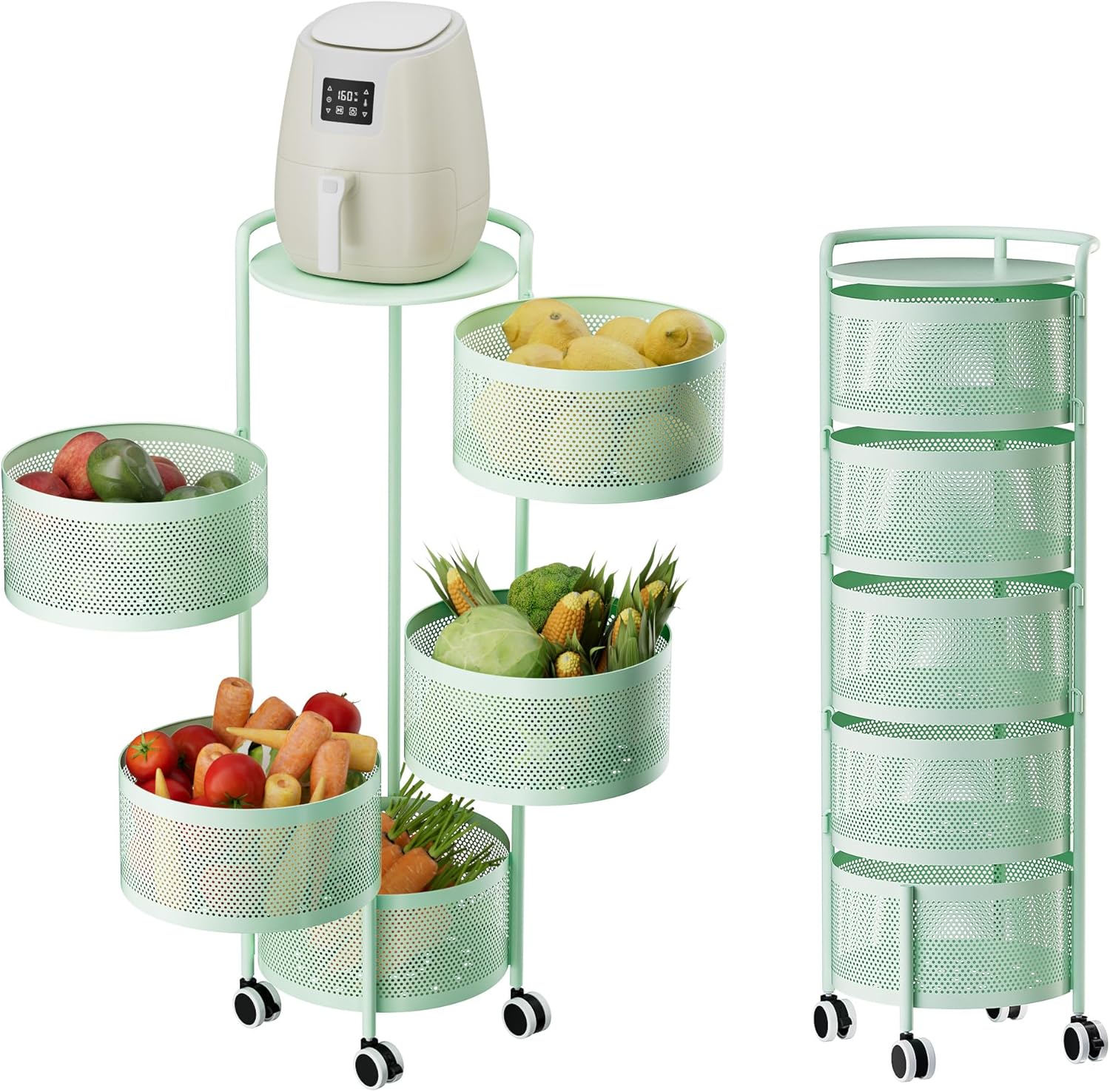 jaq rotating fruit basket, 5-tier metal sturdy kitchen storage rack shelf carts no assembly on rolling wheels for fruit vegetable grocery corns potato onion (5-tier, green) 5-tier /green