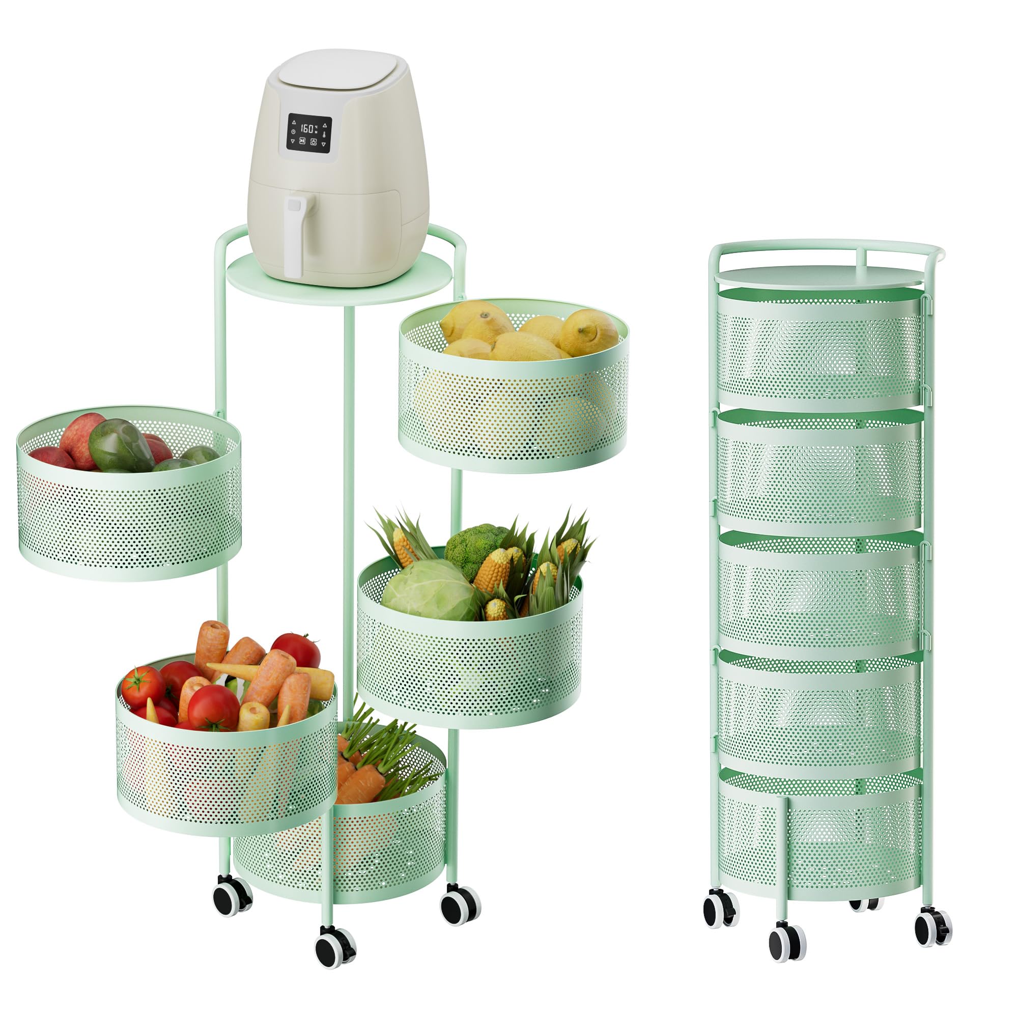 JAQ Rotating Fruit Basket, 5-Tier Metal Sturdy Kitchen Storage Rack Shelf Carts No Assembly on Rolling Wheels for Fruit Vegetable Grocery Corns Potato