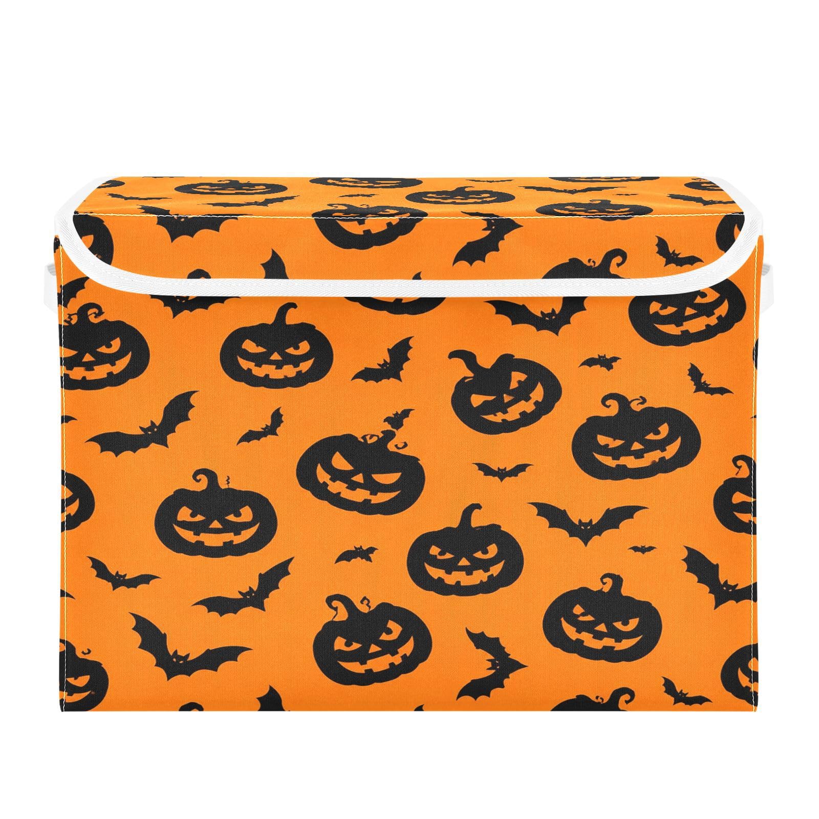 Ewusp Hallowwen Pumpkins Fabric Storage Bin with Lid, Decorative Foldable Storage Basket with Handles, Stackable Closet Shelf Organiser Box for Clothes, Books, Bedroom, Living Room