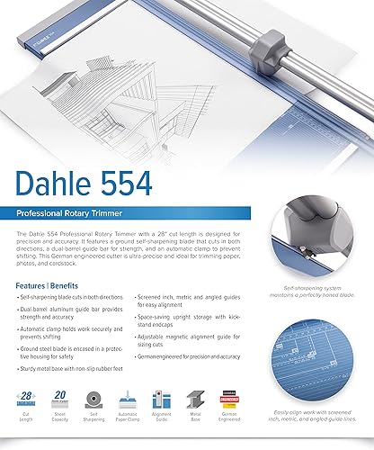 Miniatura 7 de Dahle Cortadora rotativa profesional 554, longitud de corte de 28 pulgadas, capacidad de 20 hojas, autoafilado, barra guía doble, abrazadera