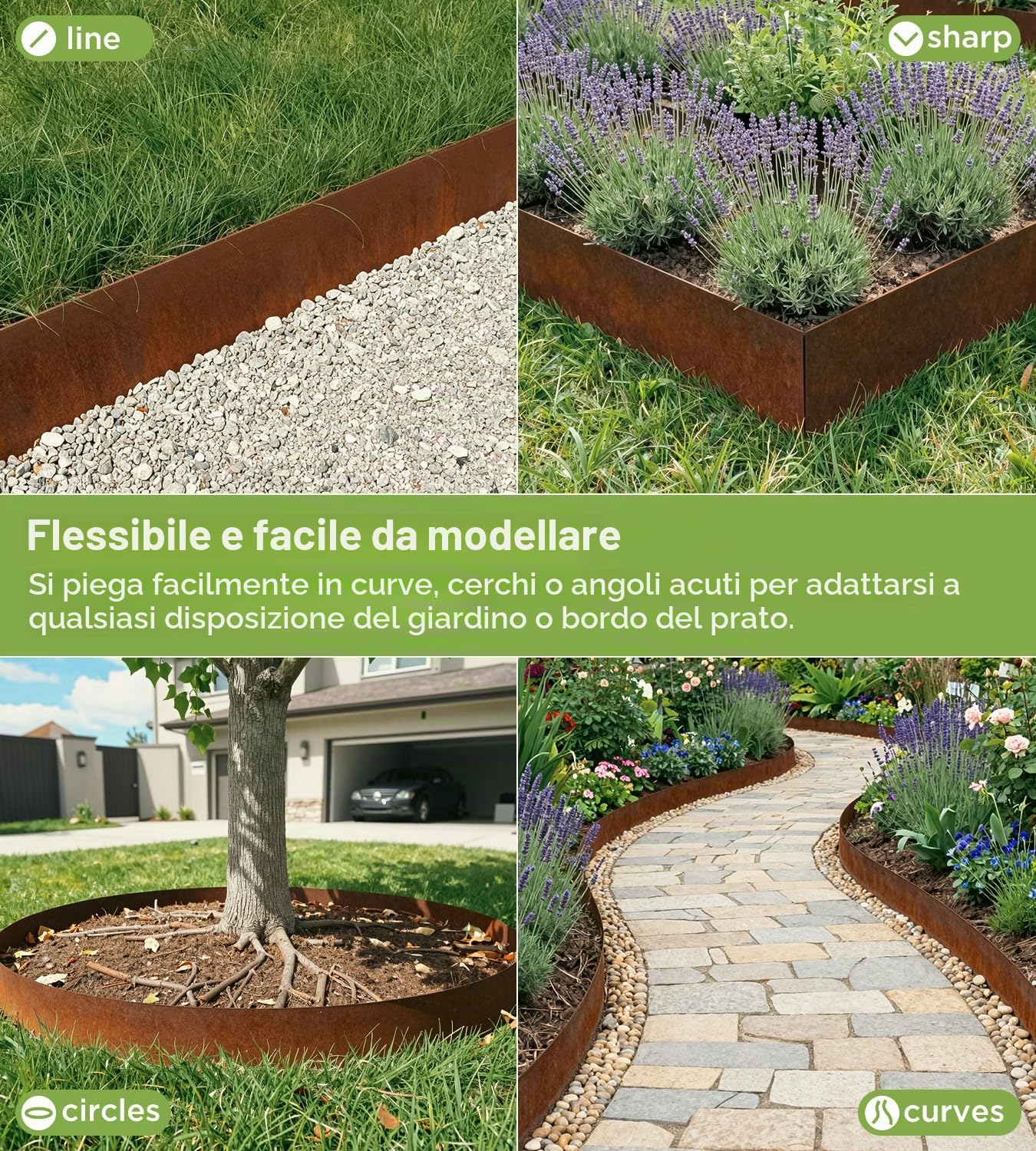 Bordo per prato in acciaio corten, 10 m, bordatura per aiuole in metallo, altezza 15 cm, spessore 0,6 mm, bordo flessibile per aiuole con effetto ruggine, include un paio di guanti e un connettore in