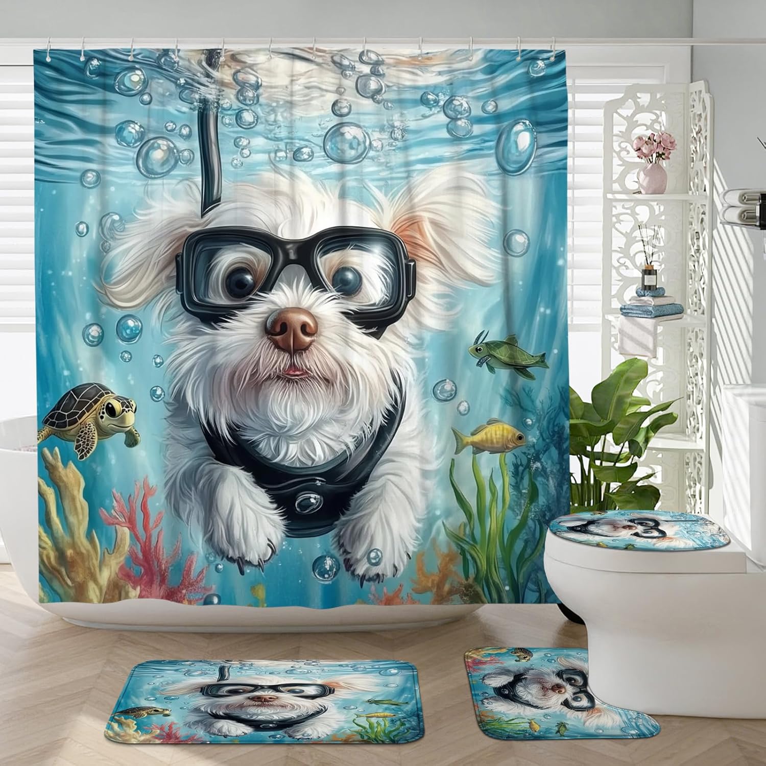 4PCS Spring Westie Dog Bathroom Accessory Sets with Non-Slip Rug, U Shape and Toilet Lid Cover Mat, Funny Puppy Animal Kids Ocean Cartoon Bathroom Decorative-72''x72''