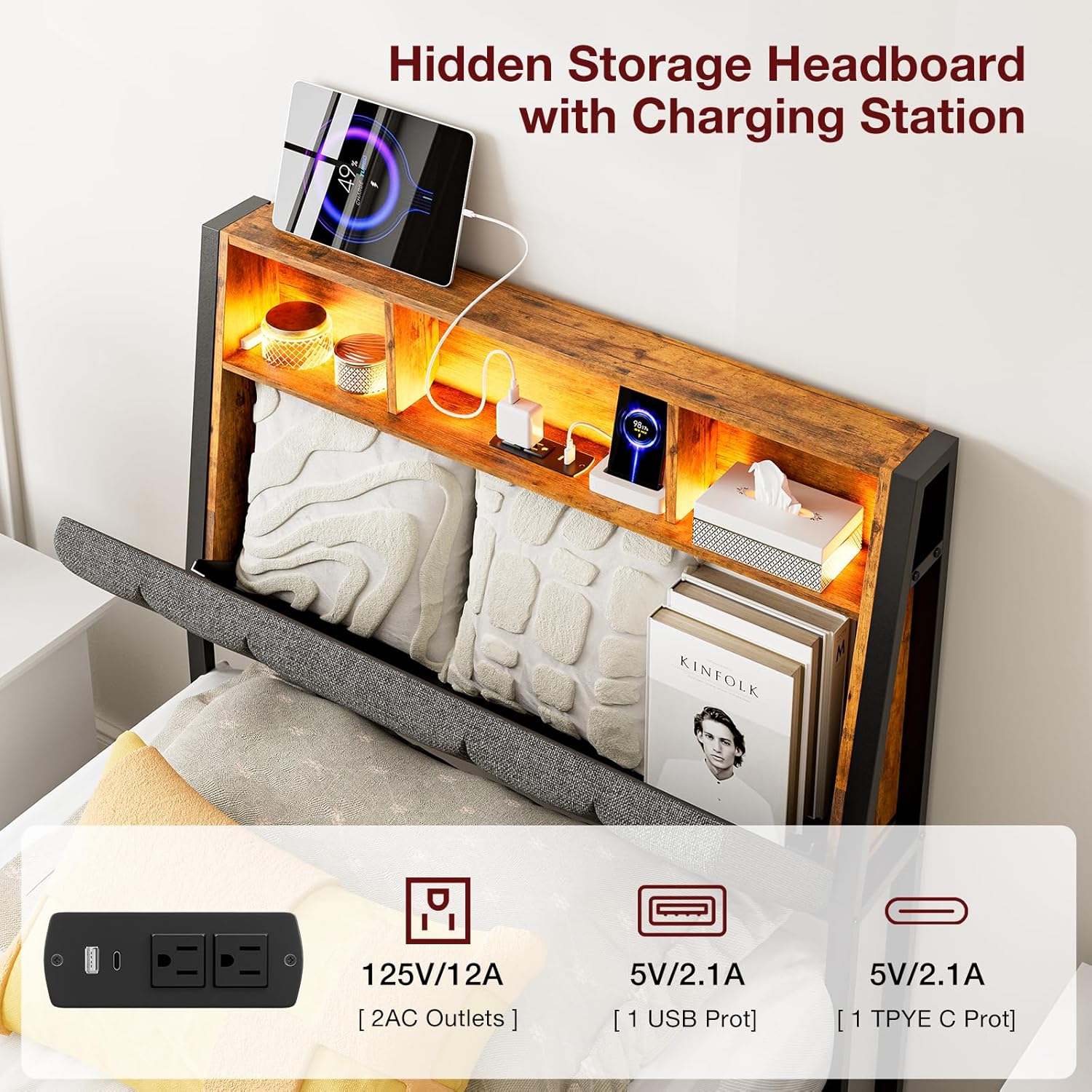 IKIFLY Twin XL Bed Frames with Ergonomic Hidden Storage Headboard & Dustproof Storage Drawer, Upholstered Twin XL Platform Bed with Charging Station and LED Lights, No Box Spring Needed, Dark Grey