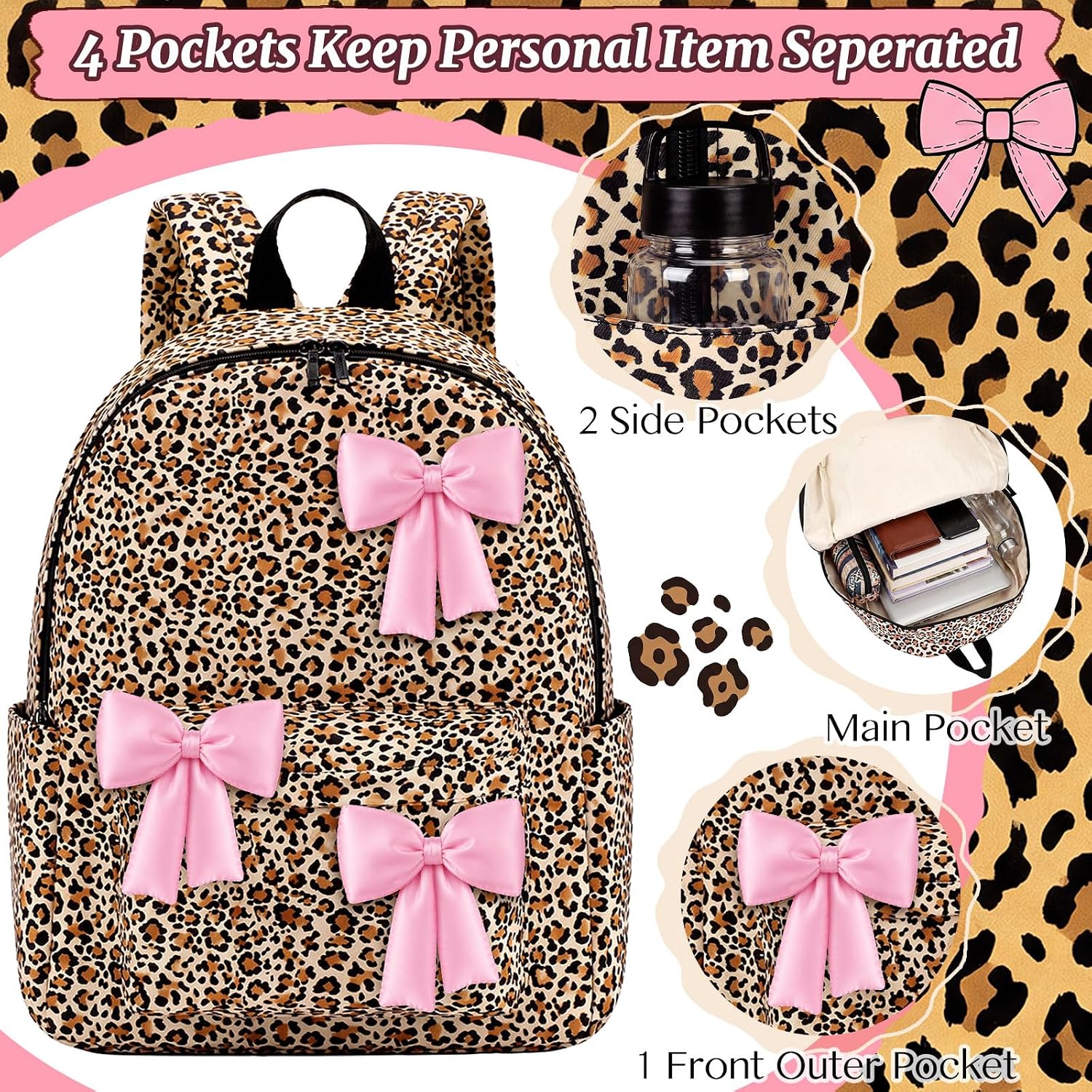 Shyyween 3 Pcs Backpack, Lunch Bag, Pencil Case Set Leopard Brown