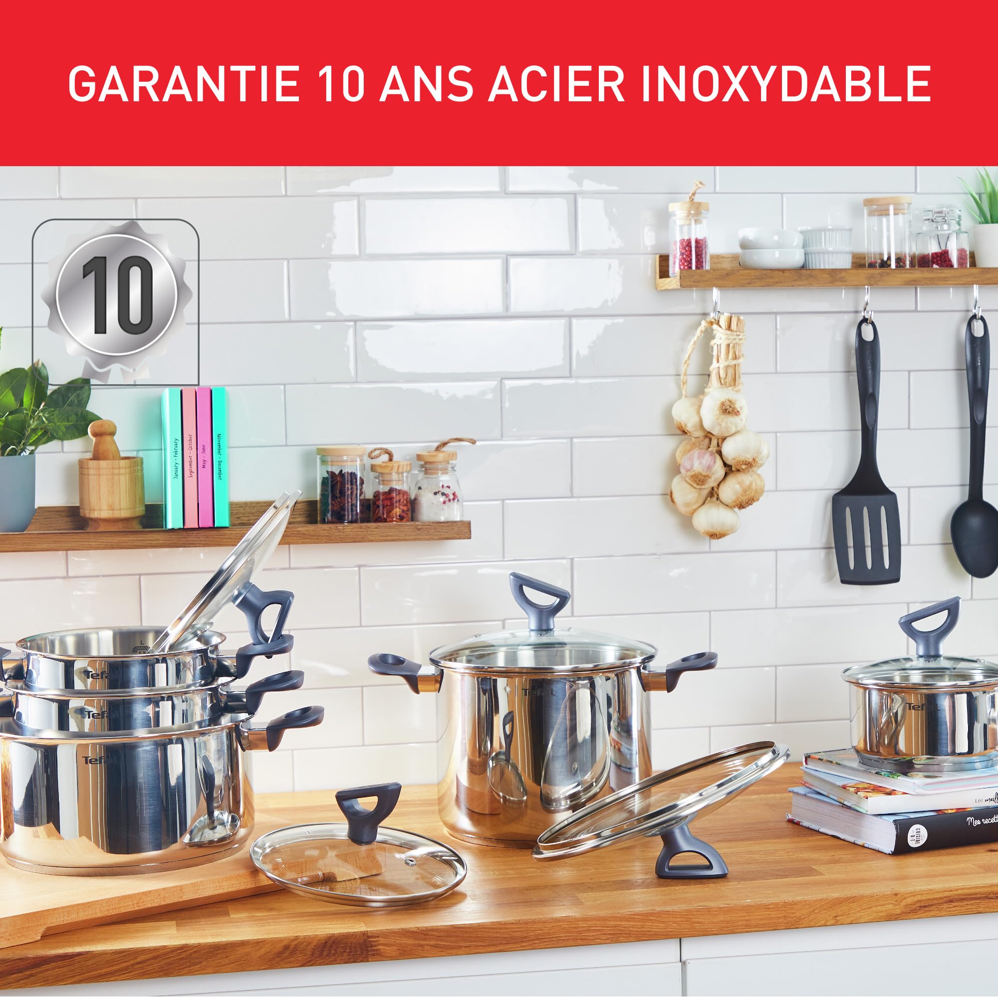 Tefal Batterie de cuisine 11 pcs, Casserole 16 cm + Faitouts 20/24 cm + Couvercles verre + Poêle 28 cm, Induction, Antiadhésif + Inox, Graduations intérieures, 5 ustensiles inclus, Daily Cook G713SB45