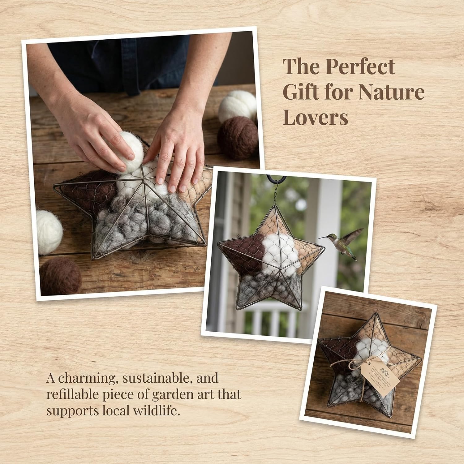 Star-Shaped Alpaca Fiber Bird Nesting Holder - Refillable Hummingbird & Wild Bird Nest Material Station, Rust-Proof Garden Art & Winter Shelter for Backyard Birds