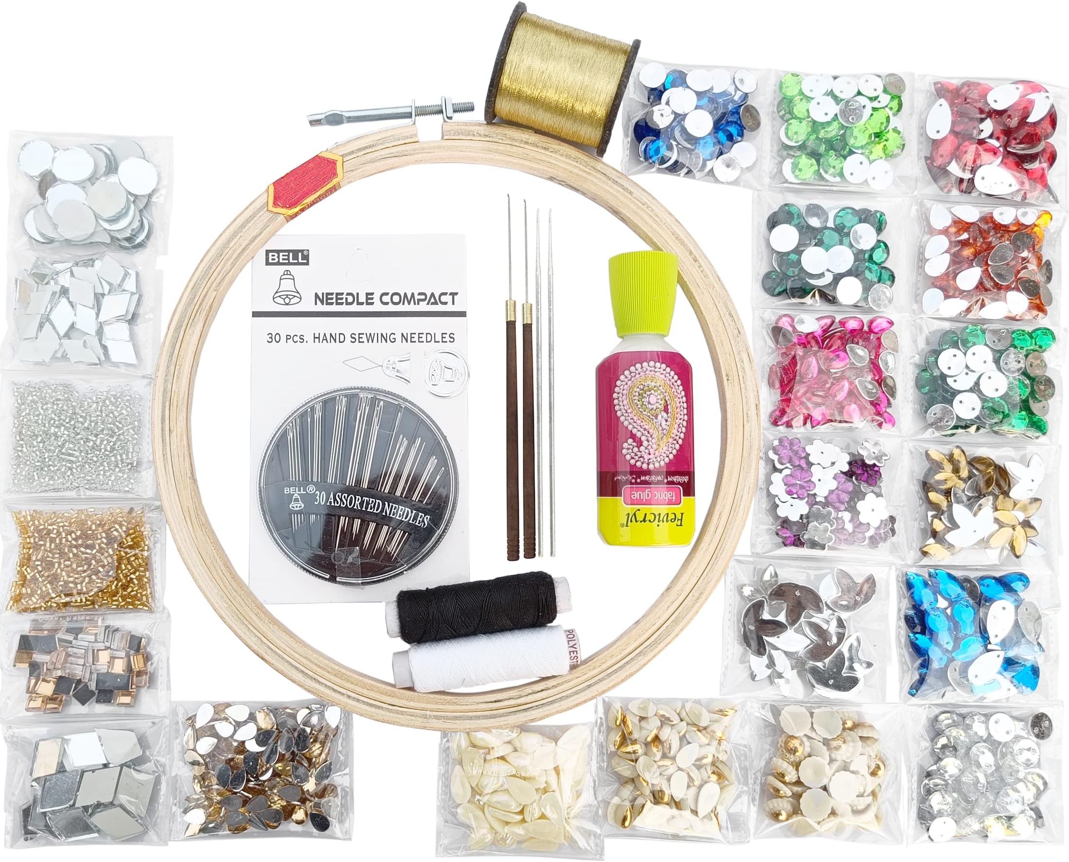 Qroof Aari Work, Maggam Work Materials Combo Kit with 16 Kundan,2 Delica Bead,4 Mirrors for Blouse, Fabric Decoration for Beginner A Complete Pack, Multicolor