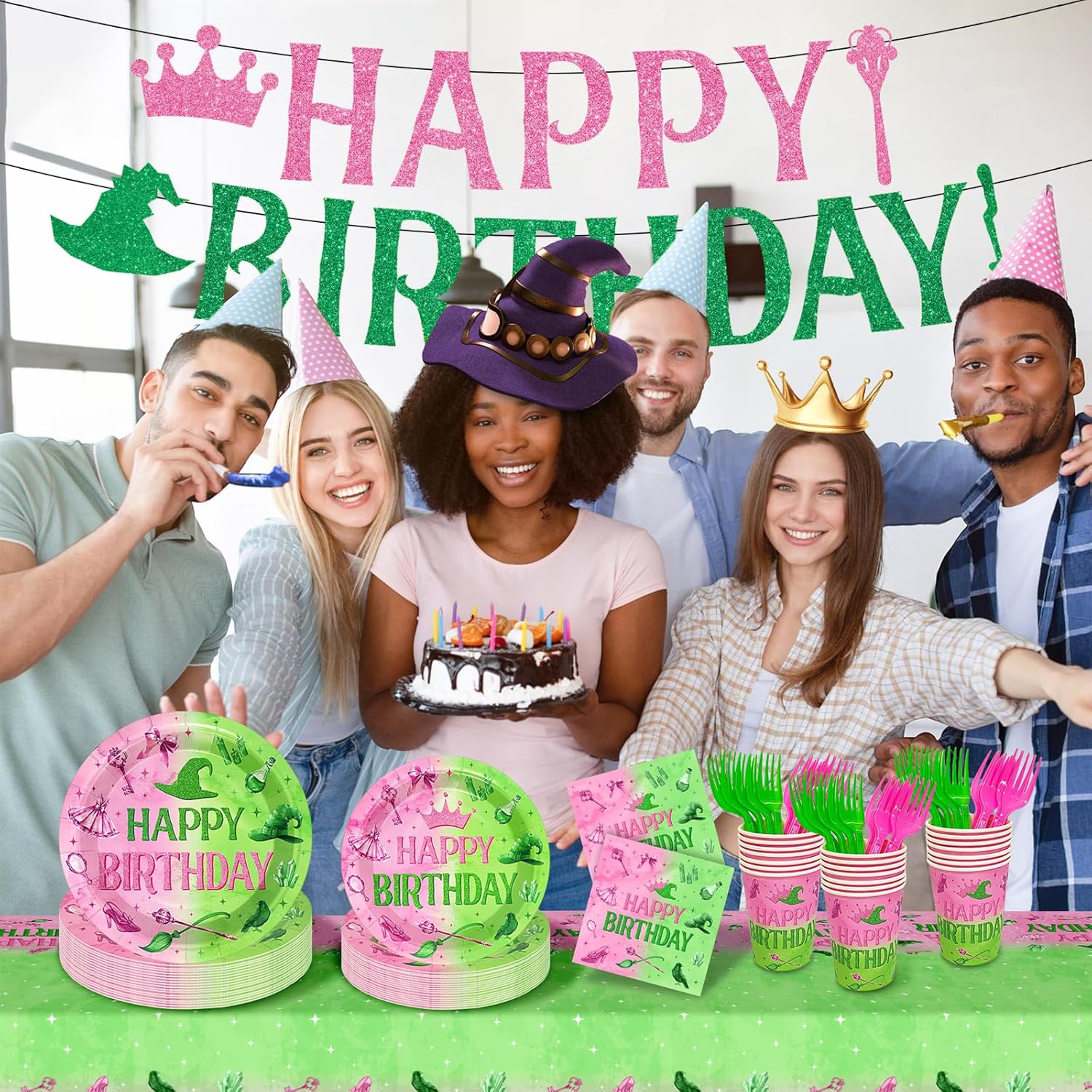 24 Set Pink and Green Witch Party Decorations Tableware Set Movie Themed Birthday Party Supplies Witch Princess Paper Plates Cups Forks Tablecloth Banner to Serve 24 Guest - Image 4