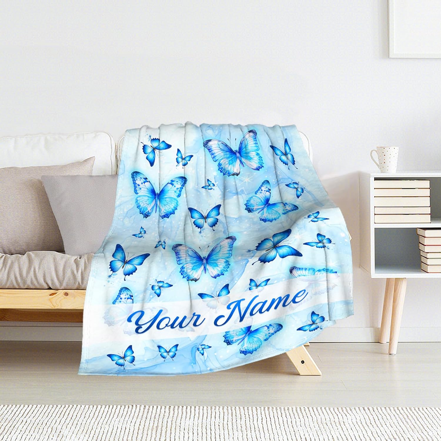 Custom Butterfly Gifts for Girls - 40" x 50" Inches Butterfly Throw Blankets for Girls - Blue Lightweight Soft Flannel Blankets for Crib, Couch, Sofa