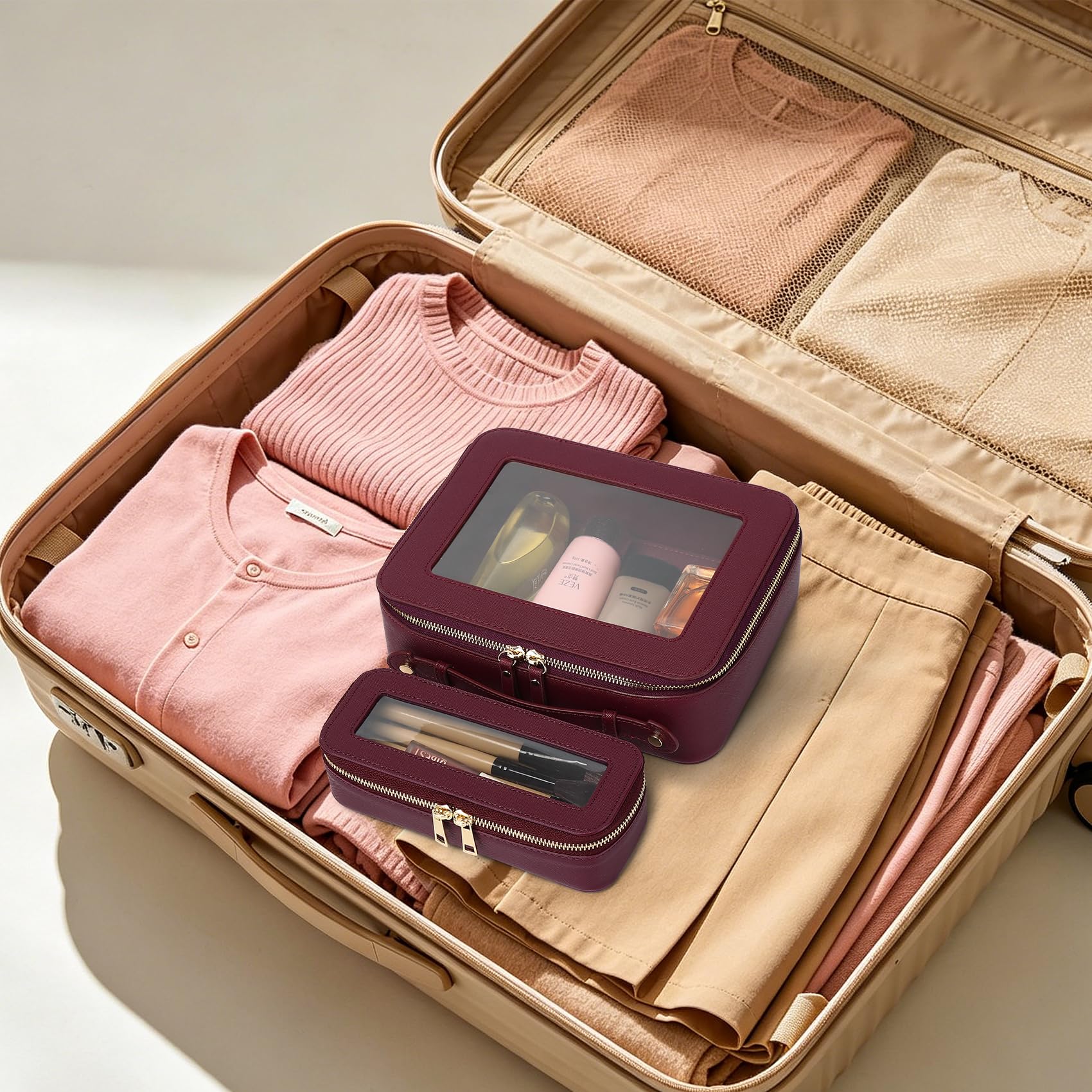 Borsa per trucco trasparente piccola borsa da toilette cosmetica borsa da viaggio impermeabile organizer borsa per trucco per cerniera auto, Borgogna, L+Slim, set di trucchi da viaggio