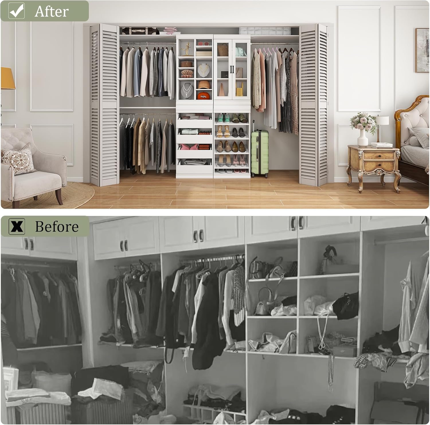 blini White Closet Rod, Wooden Stackable Modular Storage Cabinet, Walk in Closet System Closet Organizer, Wardrobe Clothes Garment Rack