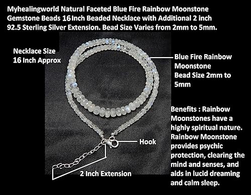 Miniatura 6 de Myhealingworld Cuenta de piedra lunar arcoíris de fuego azul natural de 0.079 a 0.197 pulgadas de piedra preciosa facetada de 16 pulgadas con collar