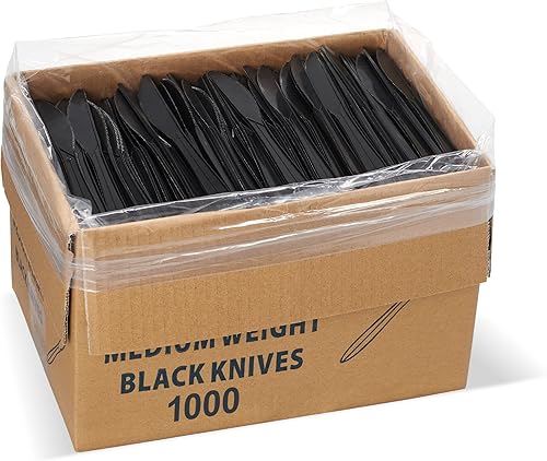 Miniatura 6 de 1,000 cuchillos desechables de plástico a granel negro de peso medio cubiertos desechables de plástico