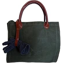 Waxed Canvas Firewood Carrier Bag with Leather Handles and Glove Holder, 35x20 inches, Waterproof, Green