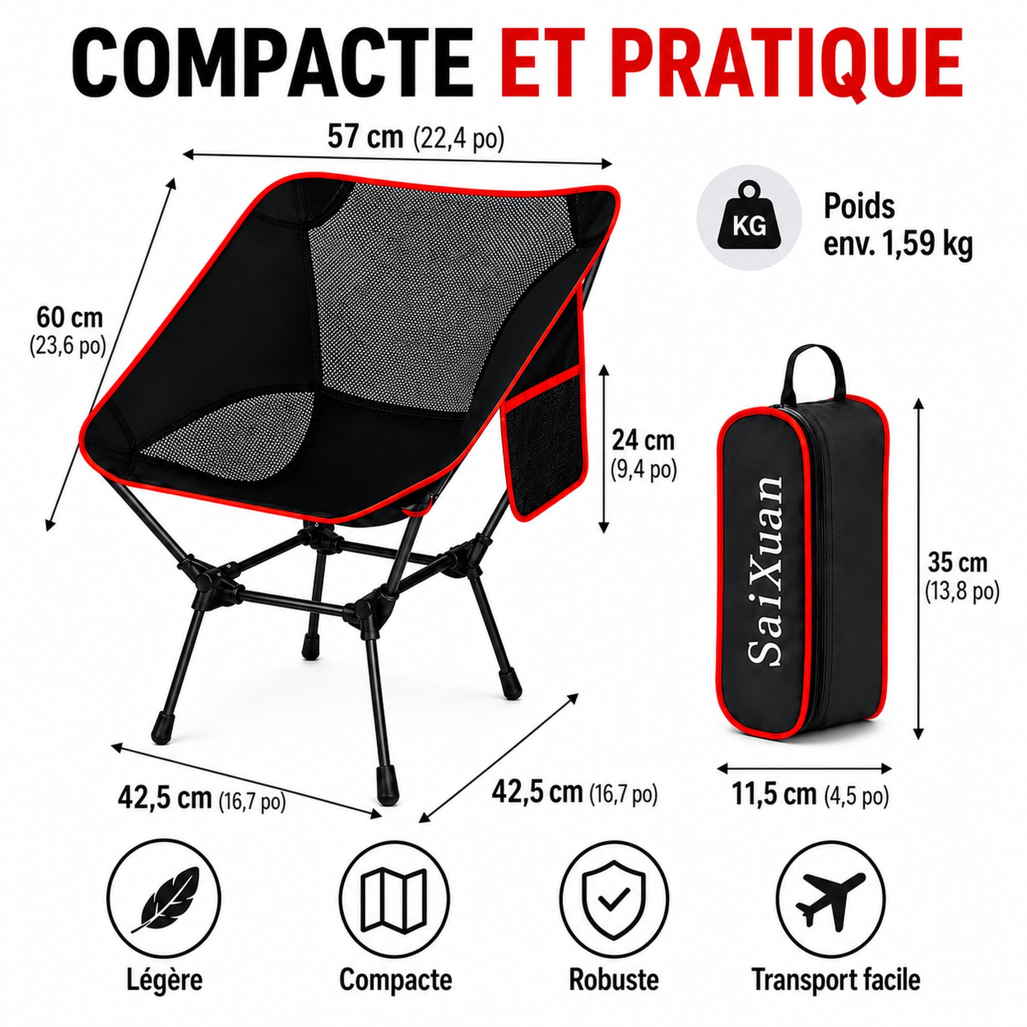 Chaise Pliante Camping, Chaise de Camping Pliable Jusqu’à 120 kg, Fauteuil Pliant Camping Léger avec Poche Latérale et Sac Inclus, pour Plage, Pêche, Jardin et Extérieur