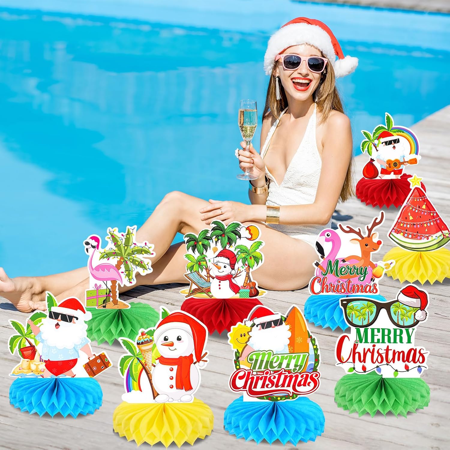 HOWAF 9Pcs Hawaiian Christmas Decorations Honeycomb Centepieces, Tropical Christmas Party Table Toppers Centerpieces for Mele Kalikimaka Decorations Flamingo Tropical Xmas Party Supplies