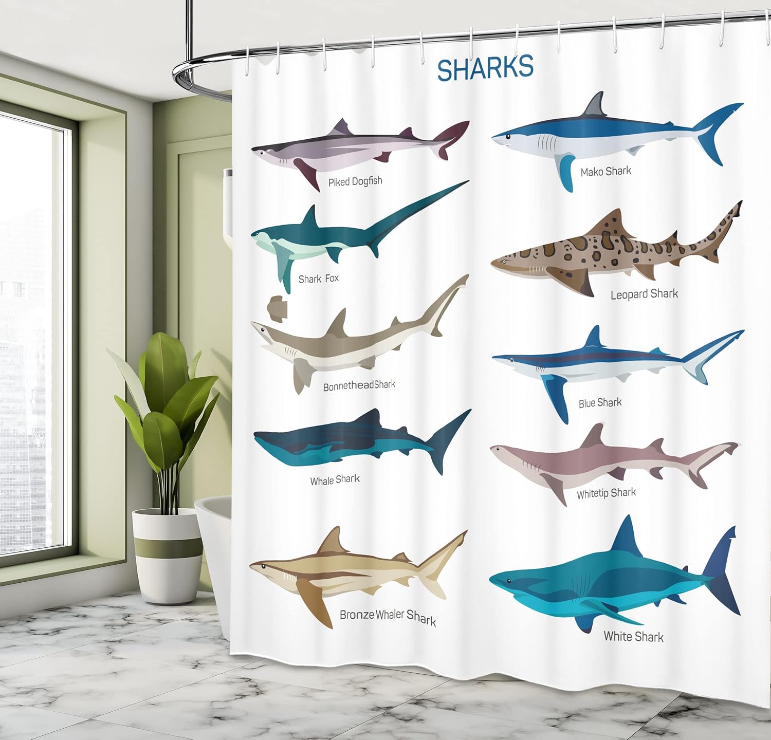 Ambesonne Shark Shower Curtain, Types of Sharks Pattern Whaler Piked Dogfish Whlae Shark Maritime Design Nautical, Cloth Fabric Bathroom Decor Set with Hooks, 69" W x 75" L, White Cadet Blue Brown