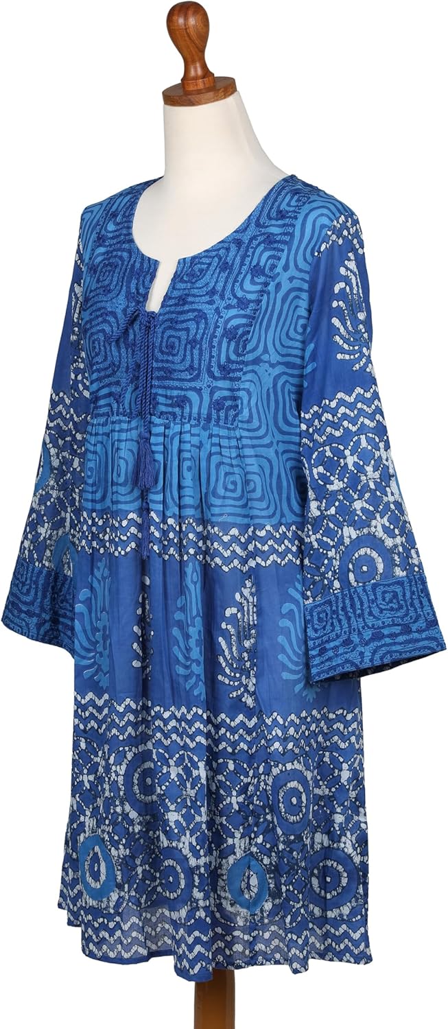NOVICA Embroidered Cotton A-line Dress, 'Heavenly Blue'