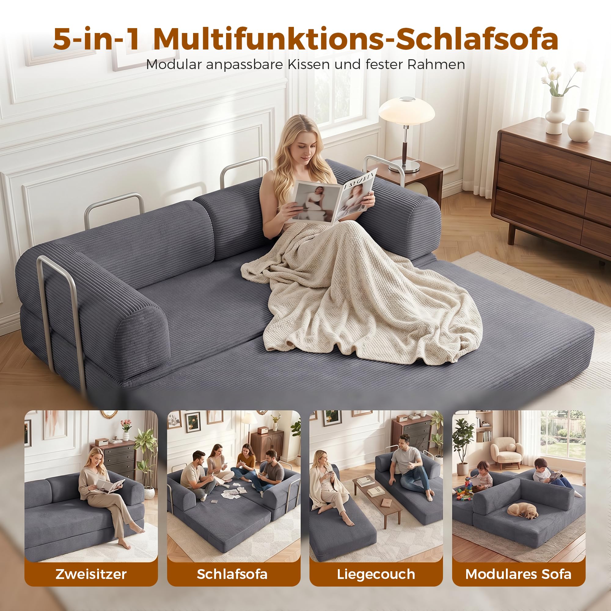 GRAVFORCE Schlafsofa – faltbares Bodensofa Bed mit Metallrahmen - Schlafsofa Klappbar 158cm breit - Compressed Sofa ohne Beine modulares Sofa Cord für Wohnzimmer Schlafzimmer Grau