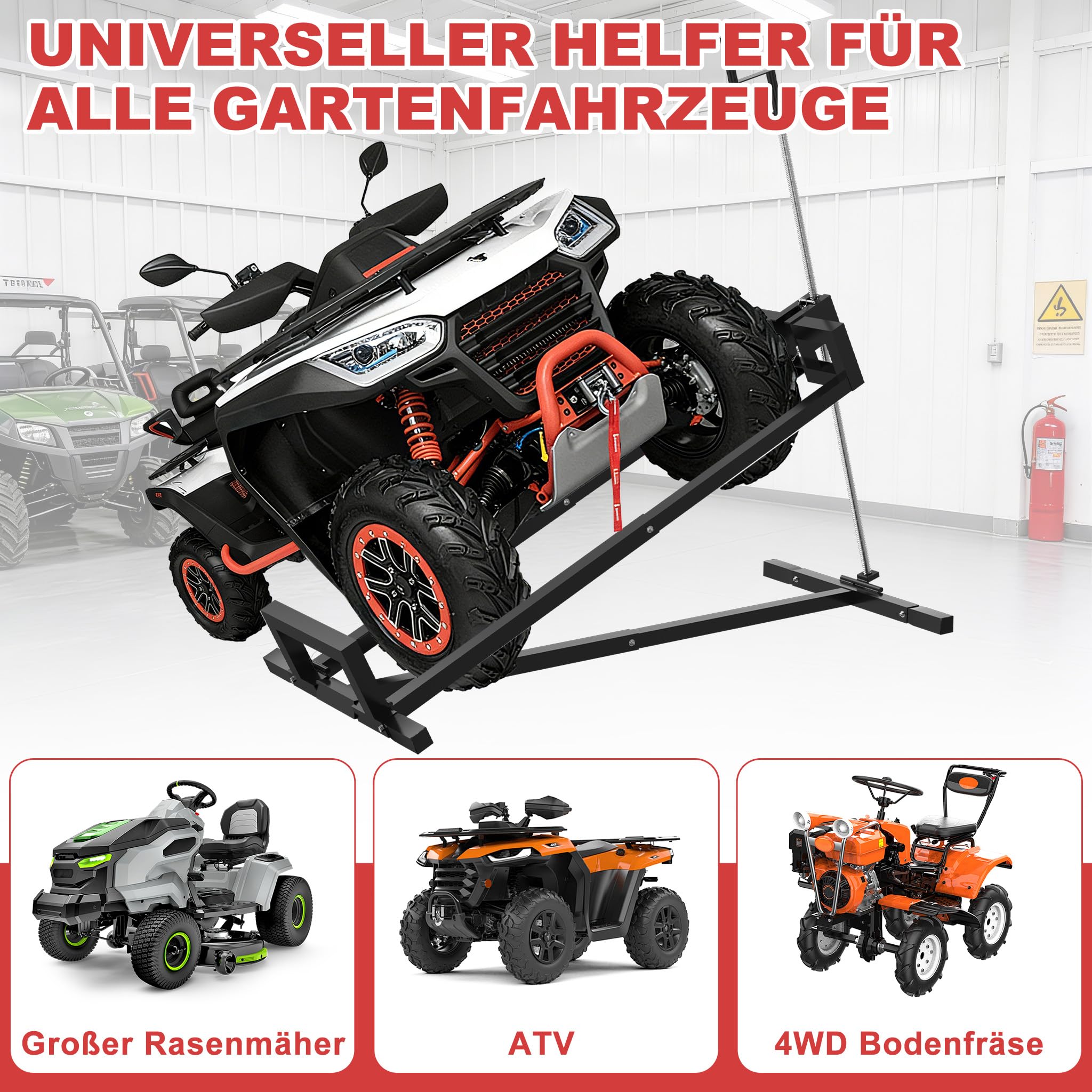 Froadp Rasentraktorheber 400KG Verstellbare Hebevorrichtung 45° Neigung Teleskop Wagenheber für Aufsitzrasenmäher Rasentraktor, Schwarz