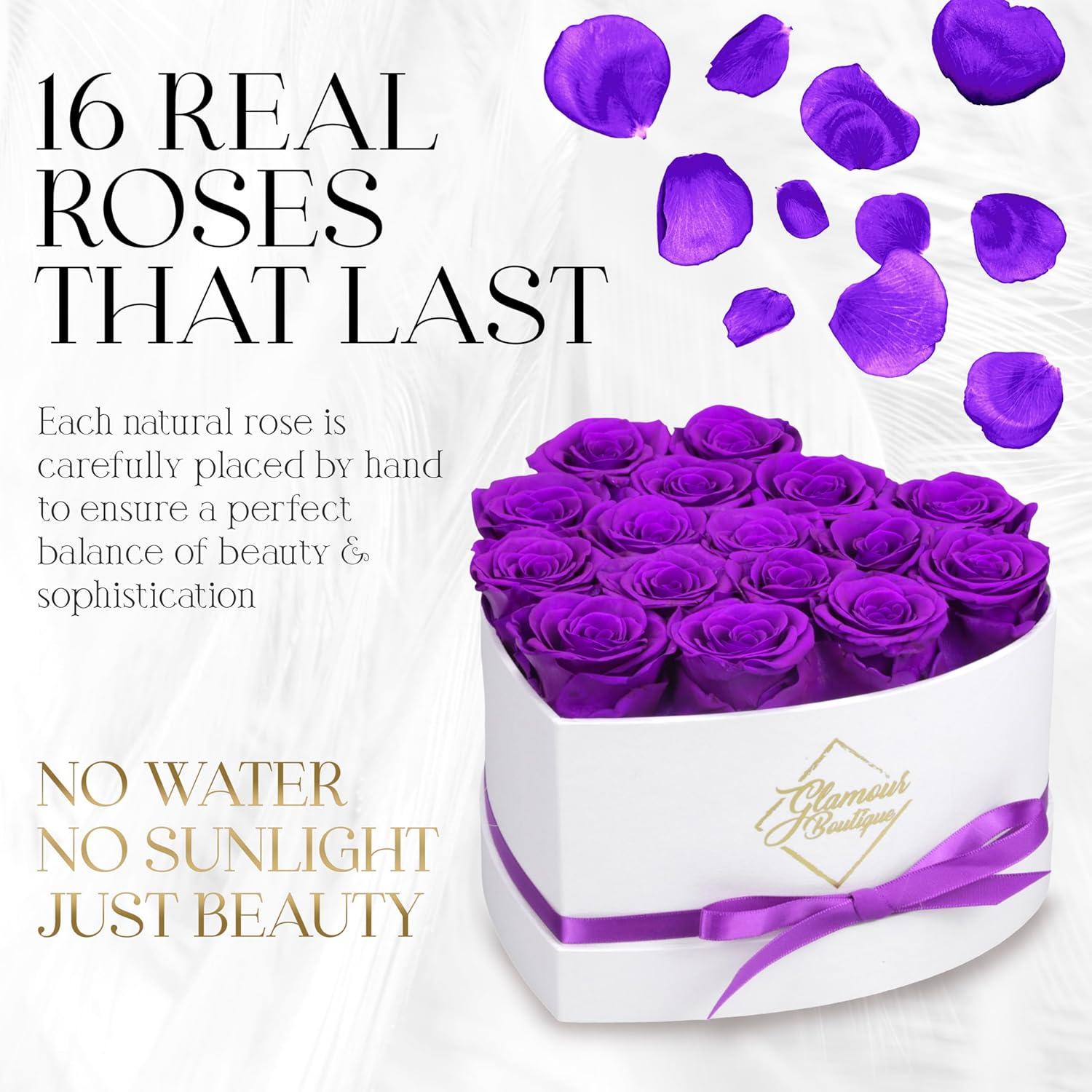 GLAMOUR BOUTIQUE Preserved Roses in a Box - Gifts for Her, Wife & Mom, Rose Flowers Forever Decor for Birthday Gift, Get Well Flower Bouquet Cased in White Box with Cover - Purple - 16 (Color-Treated) - Image 2
