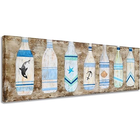Yihui Arts Drift Bottle Canvas Wall Art - Rustic Coastal Painting for Farmhouse Living Room Decor