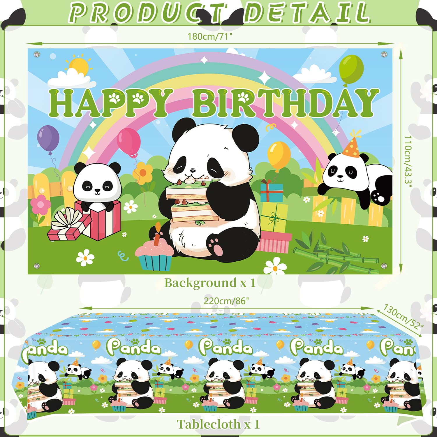 Decorazioni per feste a forma di panda, accessori per feste a forma di panda, tra cui striscione, piatto, topper per torte, bicchieri, tovaglioli, palloncini, tovaglia, per 20 persone (BJ)