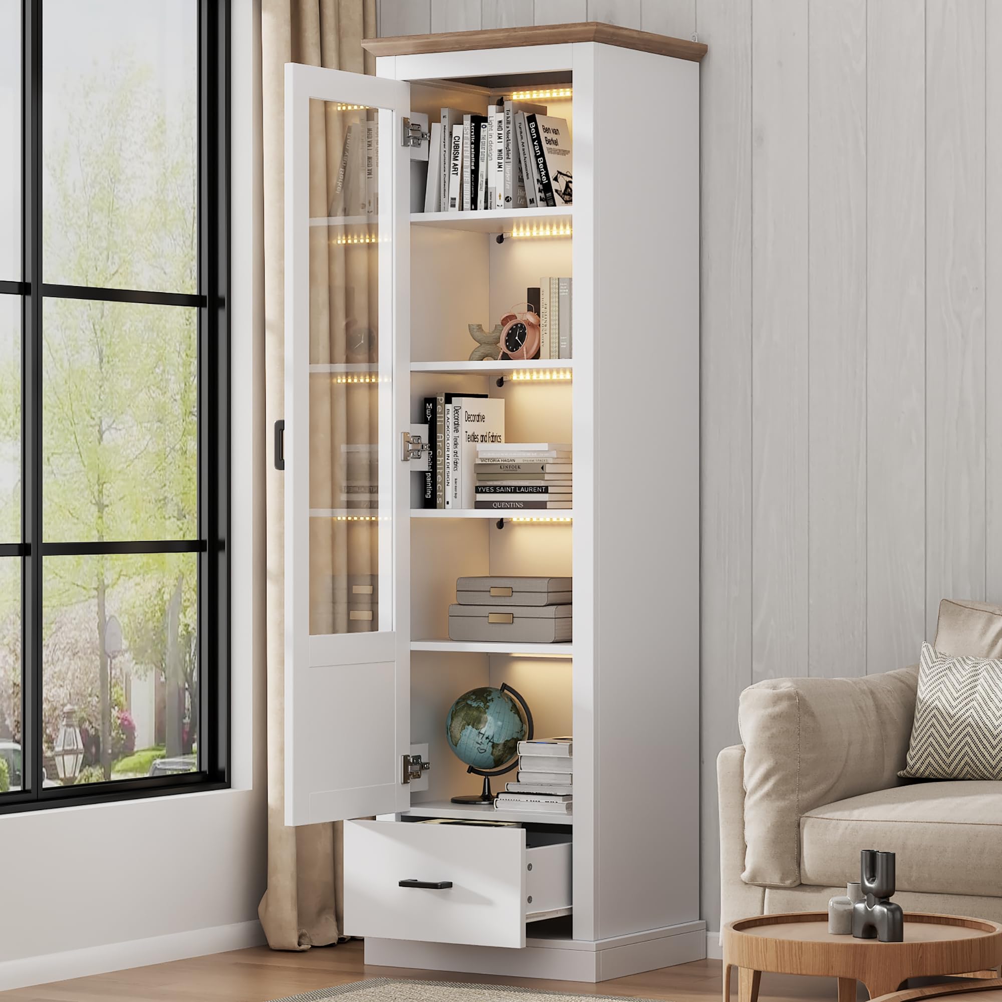 Merax Vitrina con iluminación LED, armario alto de cristal, armario de salón con 4 estantes y 1 cajones, puertas de cristal, armario multiusos para salón, oficina, cocina, color blanco mate, 50 x 35 x