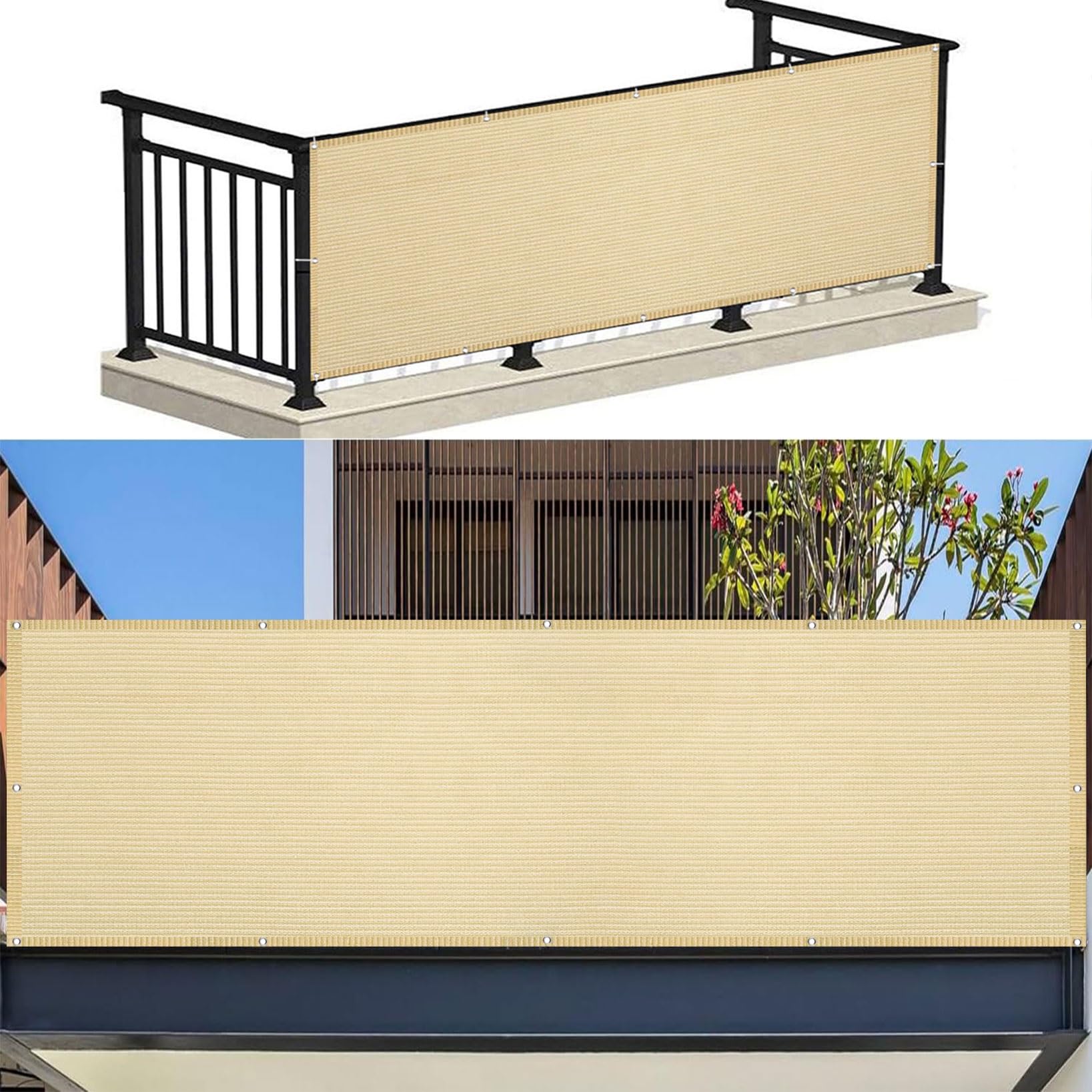 Osłona Ekranu Chroniąca Balkon 150 x 225 cm Słoneczny Wiatr Ogrodzenie Z Siatki Przeciwwiatrowej Z Liną I Aluminiowymi Oczkami Na Taras, Patio, Balkon, Kolor kremowy