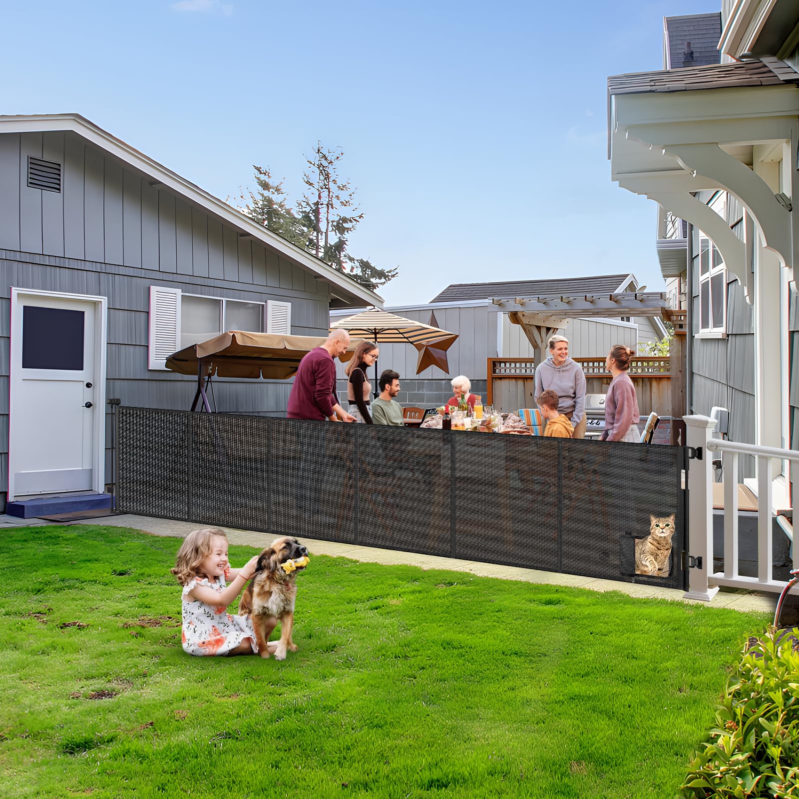 Reinforced 150” Extra Wide Retractable Baby Gate with Cat Door 12.5ft Outdoor Pet Gates for Wide Openings 33 Inch Tall Retractable Dog Gates for