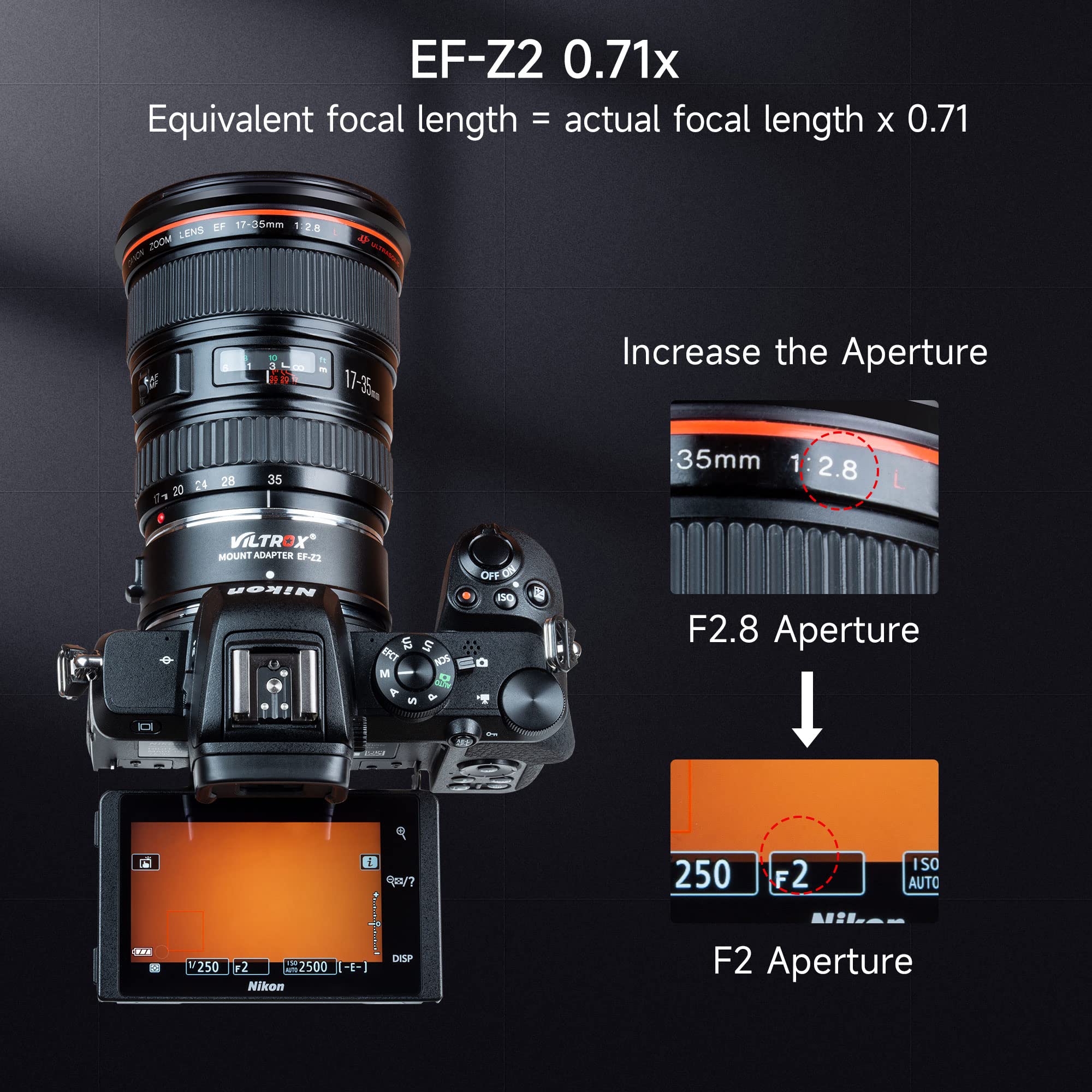 VILTROX EF-Z2 Lens Mount Adapter for Canon EF to Nikon Z-mount Cameras 0.71x Focal Reducer Booster Auto Focus Lens Converter for Canon EF Lens to Nikon Camera Z5 Z6 Z7 Z6II Z7II Z50 Z9 ZFC - Image 3