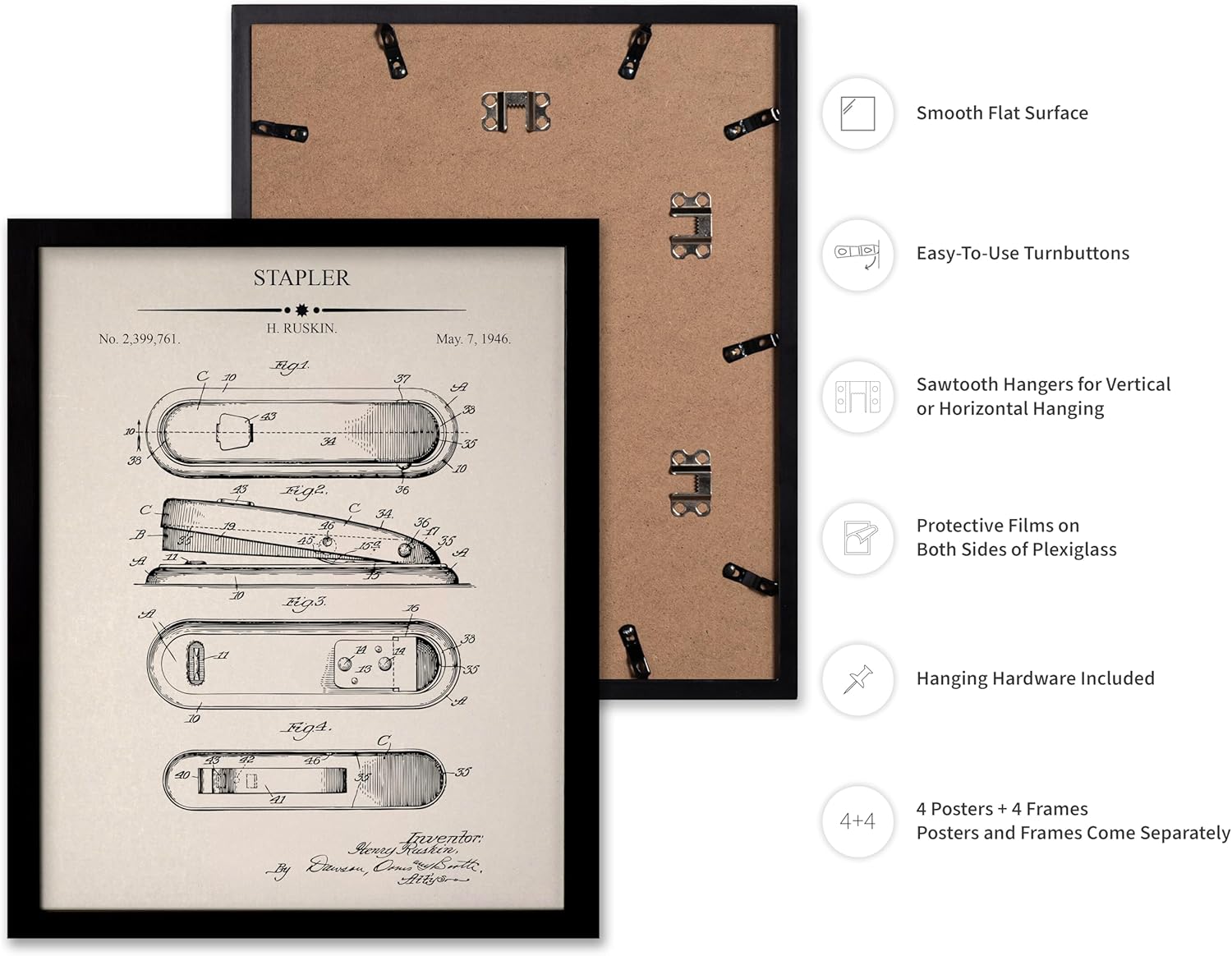 Poster Master 4-Piece Stapler Patent Print - Office Blueprint Poster - Fountain Pen & Stamp Art - Technical Drawing Design - Great Office or Workplace Wall Decor - 11x14 Black Framed