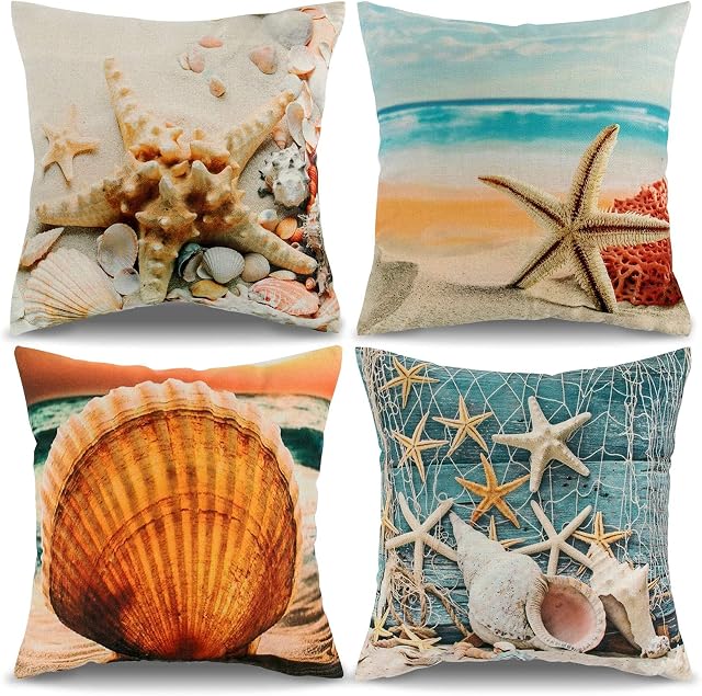 Allmarkhomes Marine Cushion Cover Seaside Decor Cushion Covers 18X18 Linen Throw Pillow Covers Blue Cushion Square Pillowcase Set of 4 for Bedroom Sofa