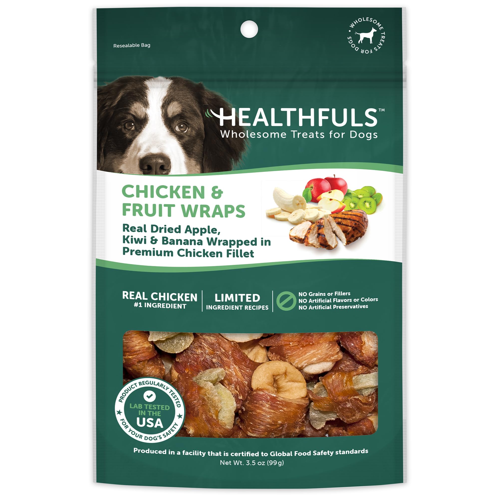 Healthfuls Chicken Wrapped Fruit Treats, 3.5 oz - Dried Apple, Kiwi, and Banana Wrapped in Premium Chicken Filet - Healthy, Protein Rich Treats for Dogs
