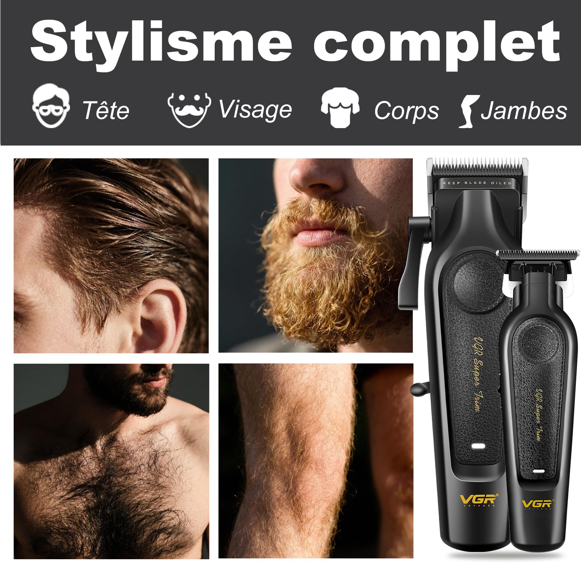 VGR 197 & 995 Tondeuse Cheveux Hommes Professionnel Sans Fil, Voyant LED | Tondeuse Cheveux et Barbe Homme Set avec Lames en Céramique, Barber Kit avec 10 Peignes de Guidage et Peigne