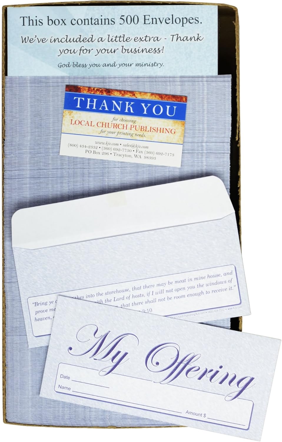 My Offering - Church Tithe/Donation Envelopes – Blue, Simple Design, Easy-open Tab, Fits Bills & Checks, Name, Date & Amount, Malachi 3:10 KJV Verse, Choose Your Quantity (125, 250, 500)