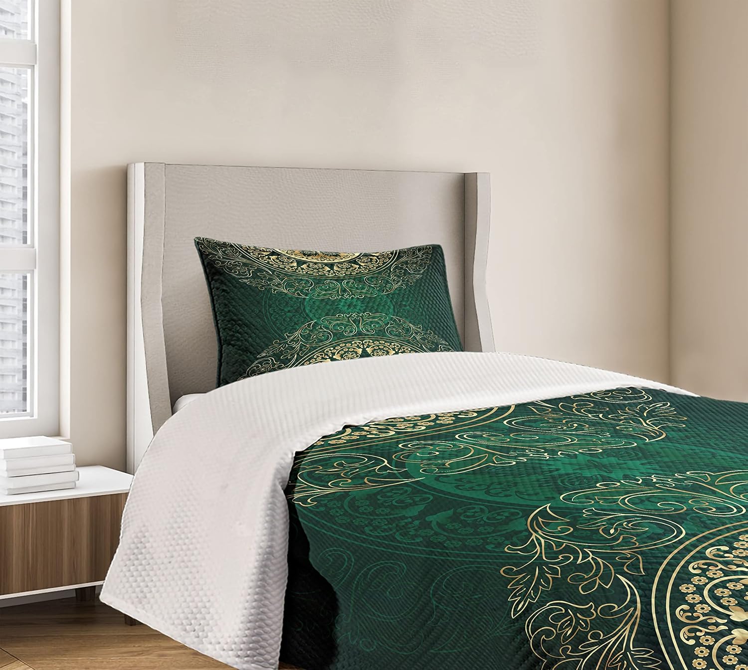 Lunarable Hunter Green Bedspread, Retro Oriental Mandala Style Floral Circle Antique Swirls Pattern, Decorative Quilted 2 Piece Coverlet Set with Pillow Sham, Twin Size, Green Yellow