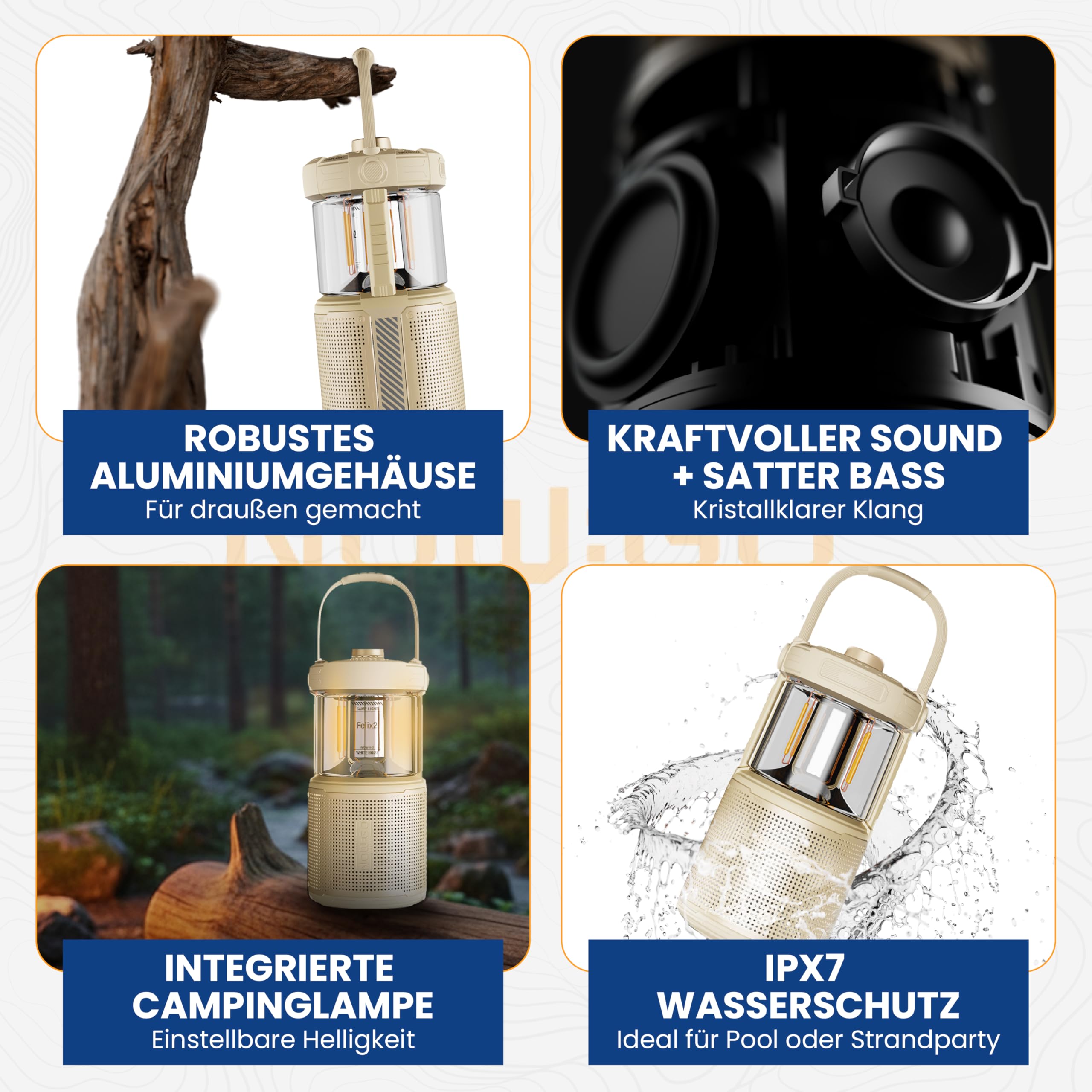Felix 2 Campinglampe LED mit Bluetooth Lautsprecher – Aufladbar, 360° Licht, 20W Sound, IPX7 Wasserdicht, 24h Akku, USB, Outdoor Musik, Camping Laterne für Zelt, Sandgelb