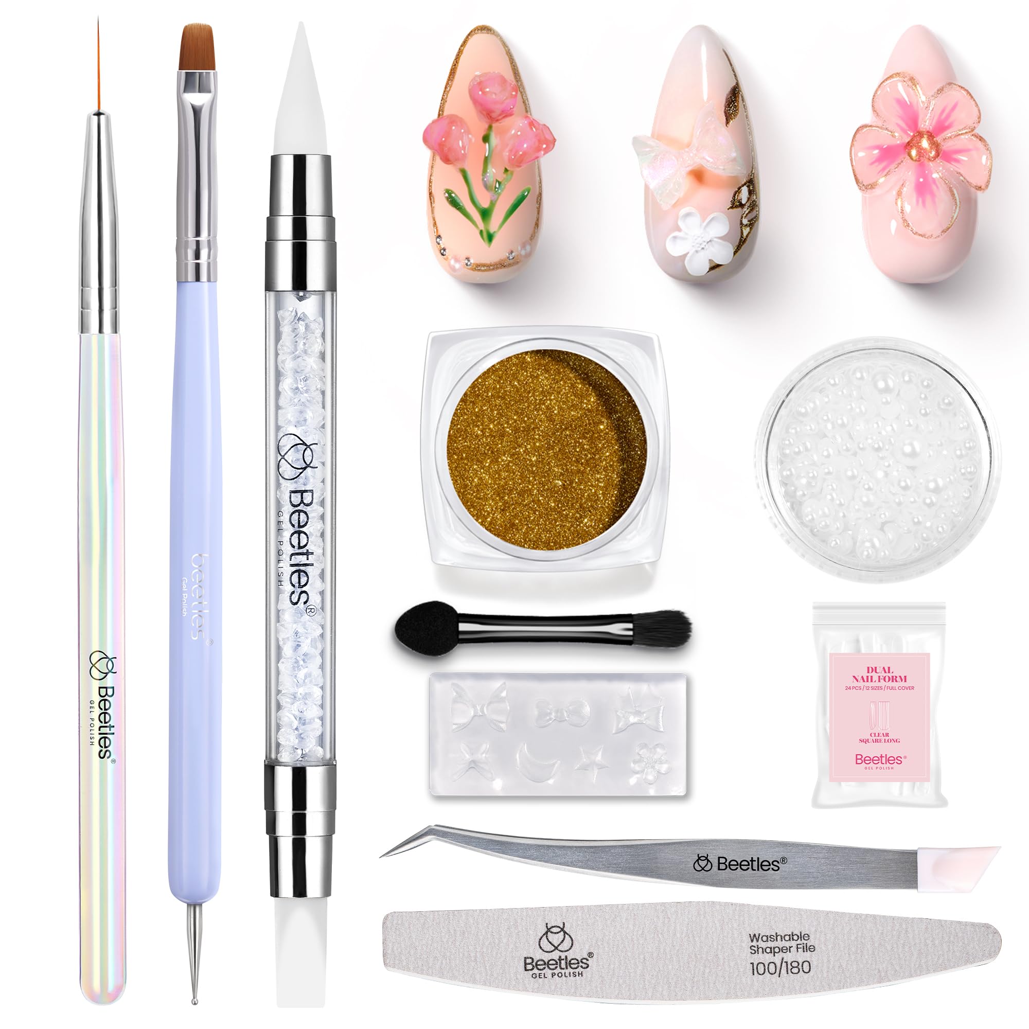 Beetles 3D Nail Art Brushes, Dual-ended Silicone Manicure Tool, Gold Chrome Nail Powder, 15mm Liner Brush, Dotting Tool with Flowers Bowknot Mold, Pearls, for 3D Manicure Design Carving Drawing Effect