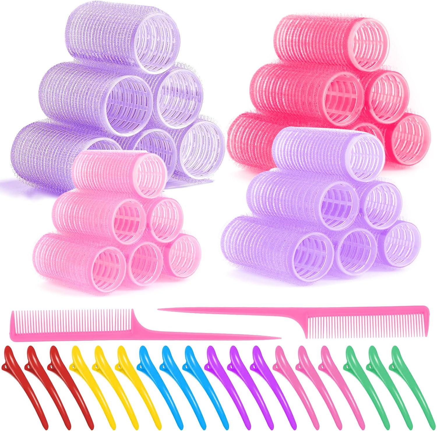 MOYKSRR 44-delige krultangset, 24 stuks zelfklevend in 4 maten en 18 gekleurde eendenbekklemmen en 2 kammen, grote haarrollers voor lang, medium, kort haar
