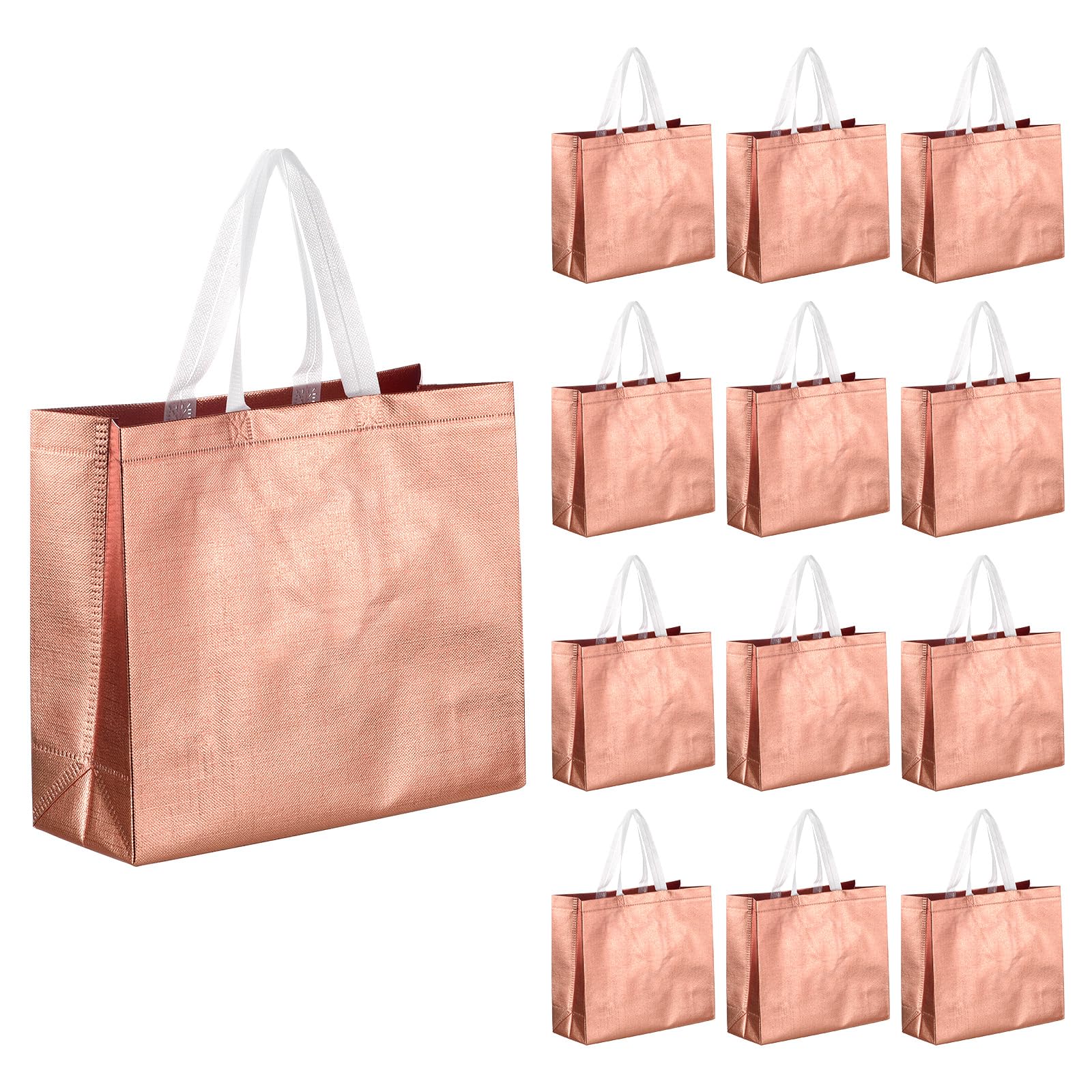 sourcing map Reusable Gift Bags, Rose Gold Tote Glossy Grocery Shopping Bag with Handles for Birthday Parties, Wedding, Christmas, Pack of 60