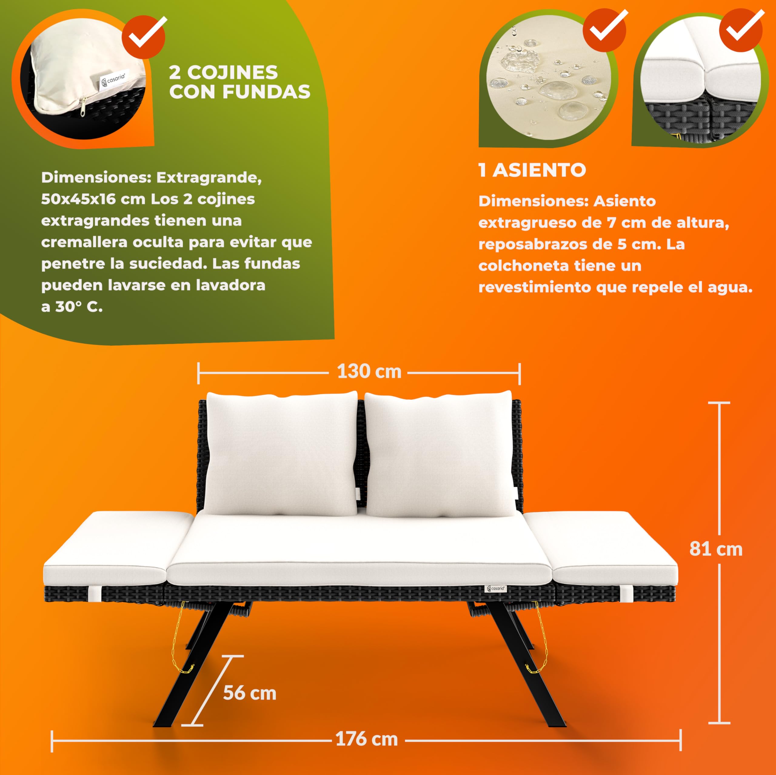 CASARIA® Sofá de Jardín Poliratán 2en1 Reclinable Tumbona Cama Banco Exterior Multifuncional Reposabrazos Ajustables Cojines Intemperie 240Kg Negro