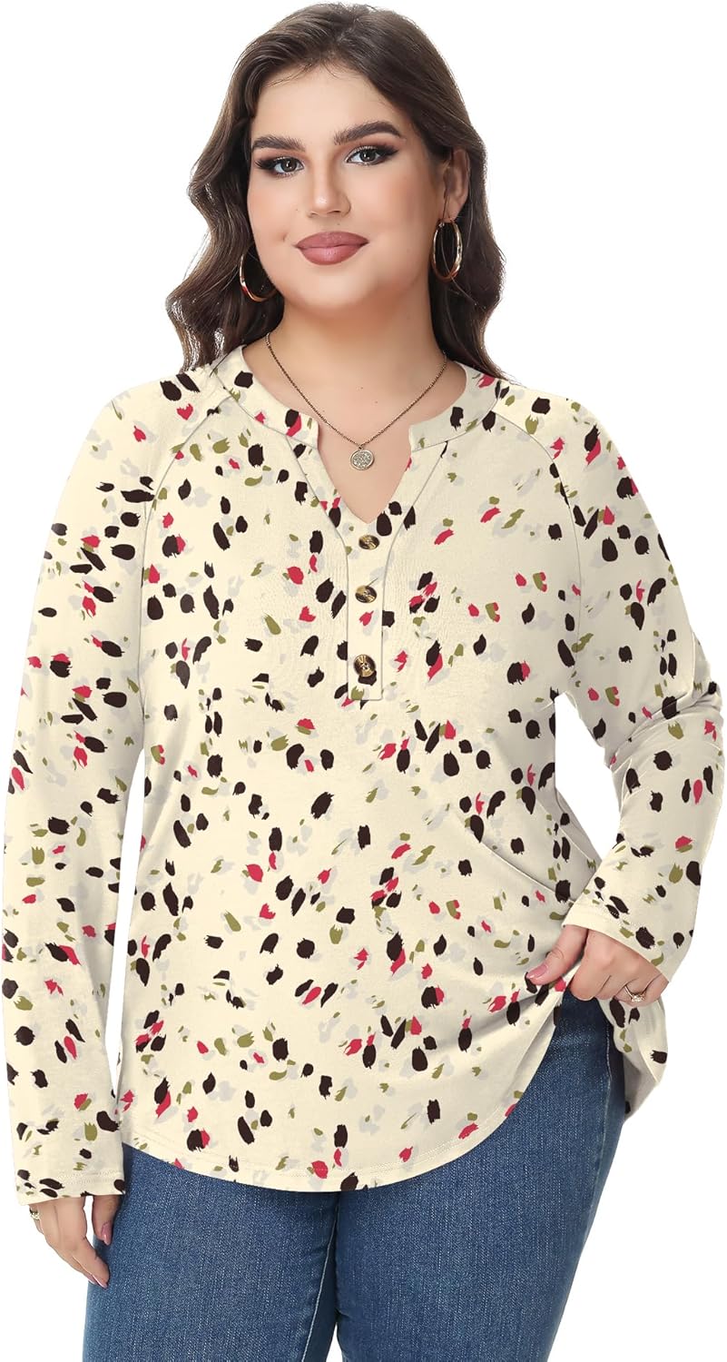 TFSDOD Plus Size Tops for Women Raglan Long Sleeve V Neck T Shirt Color Block Tunic Casual Loose Blouses - Image 2