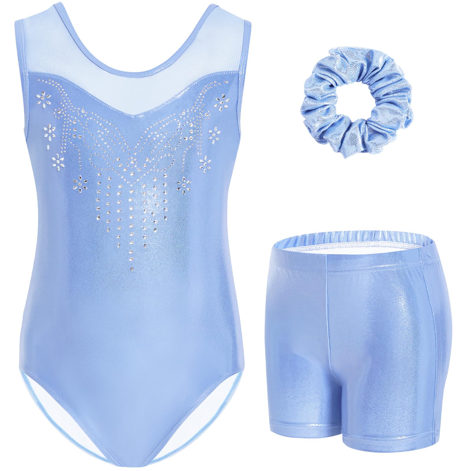 Gogokids Mouwloze Strass Gymnastiek Set voor Meisjes, 3-delig Kinder Turnpakje met Shorts en Haarelastiek, Mesh Gesplitste Halslijn Gymnastiekkleding voor Meisjes van 3-12 jaar, Perfect als Gymnastiek