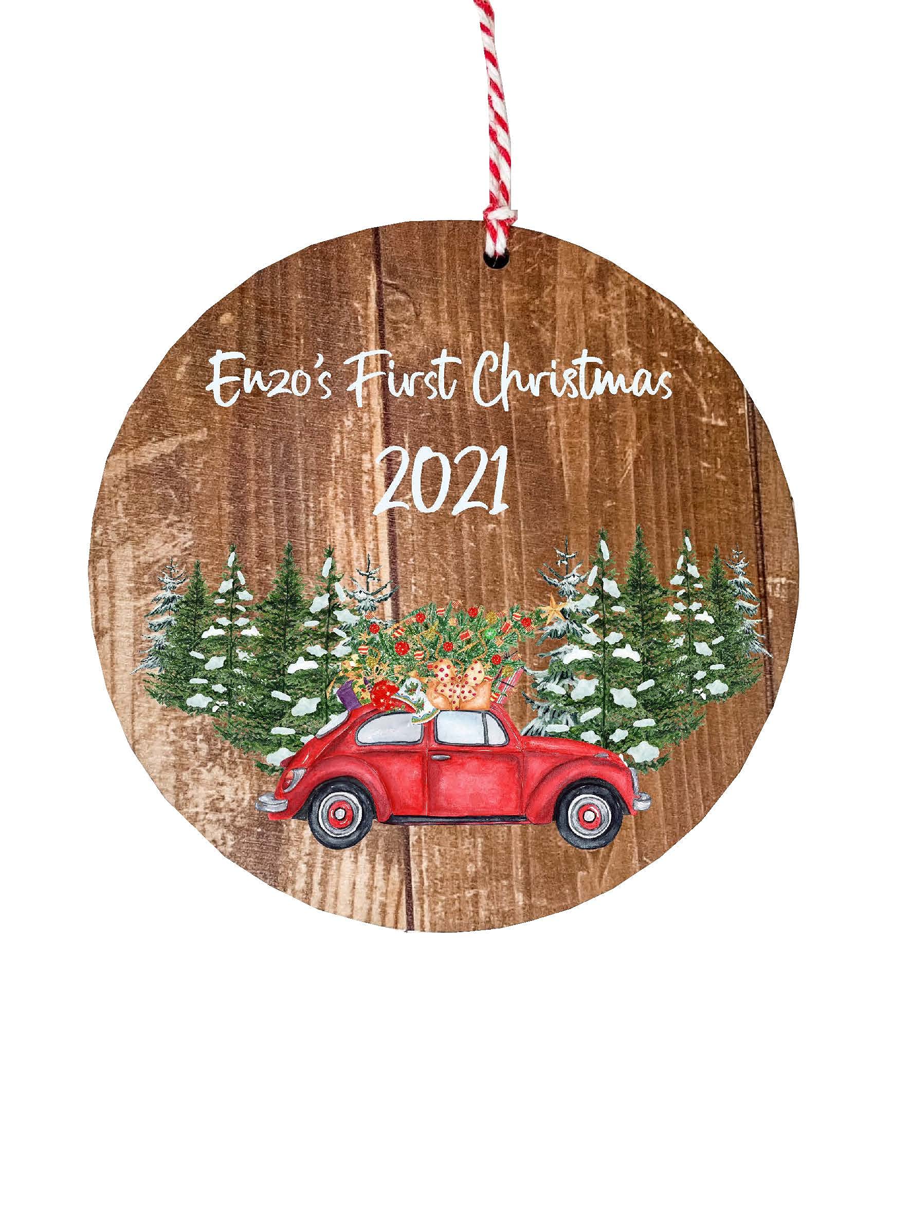 Wooden Circle Decoration - Baby's first Christmas red car - Personalised with baby's name - Choice of light or dark wood DD2571