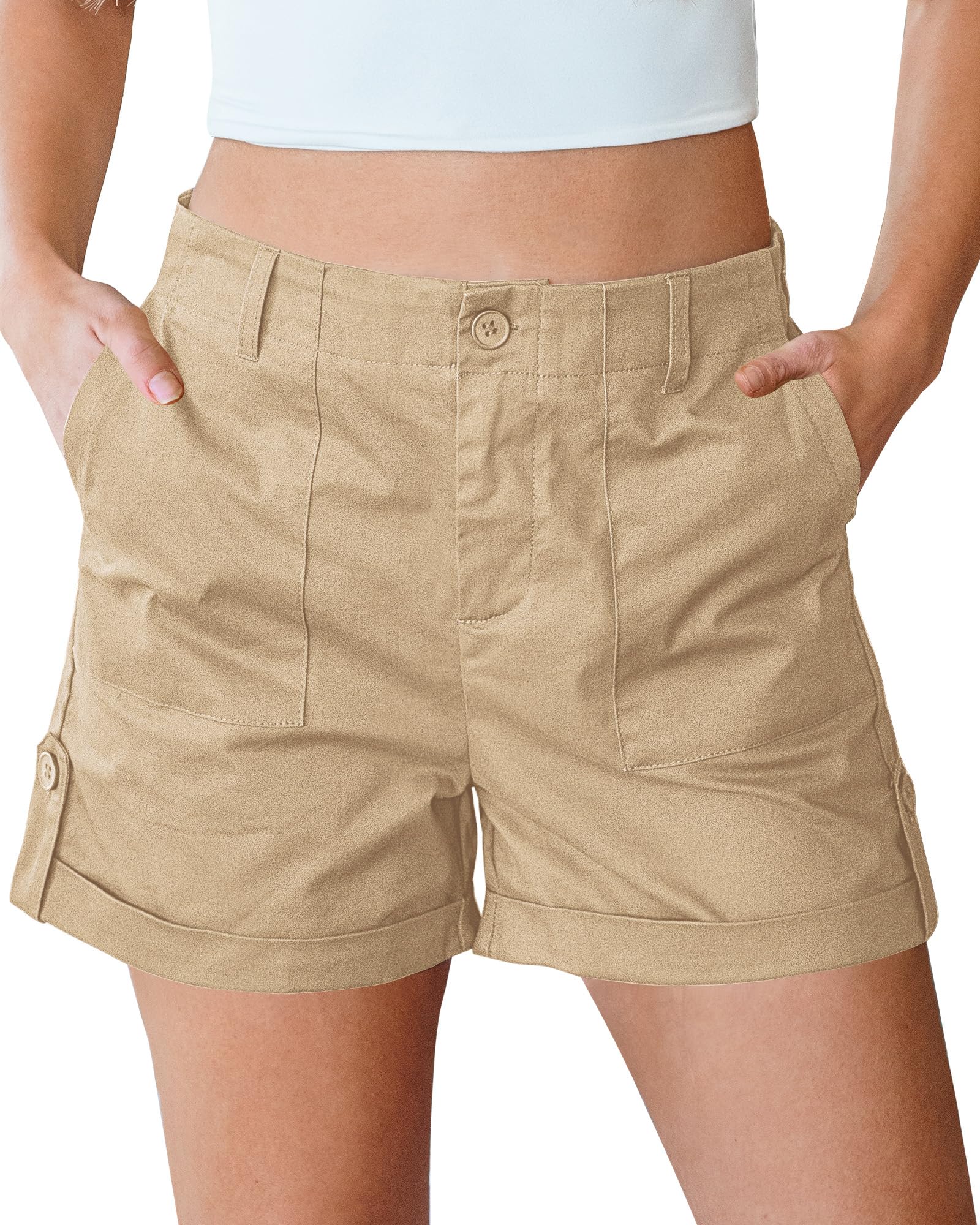 luvamia Shorts for Women High Waisted Dressy Casual Summer Elastic Waist Comfy Rolled Hem Stretch Twill Pocket Shorts